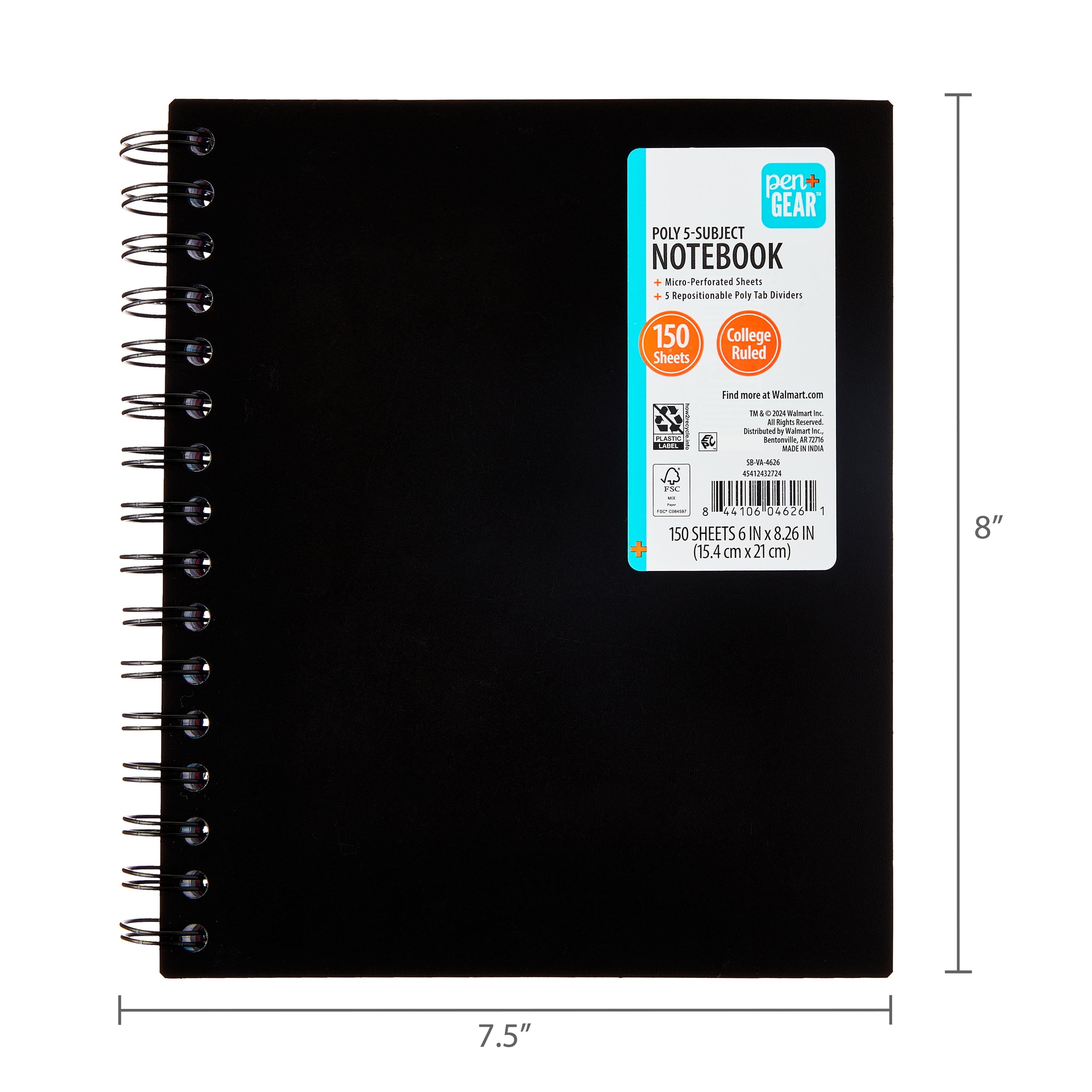 Pen+Gear College Ruled 5-Subject Poly Notebook, 6" x 8.26", Black, 150 Sheets