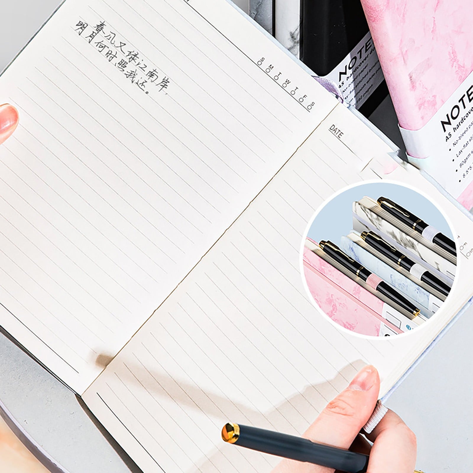 Marble-patterned elastic band notebook|Lined Journal Notebook For Women & Men 192 Pages College Ruled Notebook For Writing Note Taking Work 100 GSM Thick Paper Hardcover Journal Medium （Blue）