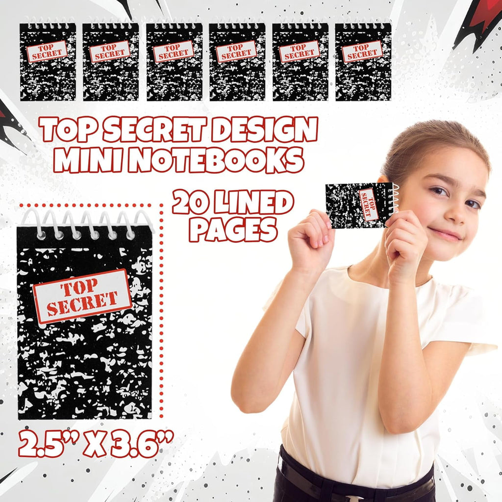 Top Secret Mini Notebooks for Kids - (Pack of 24) Spiral Note Book Pads for Murder Mystery Party Favors, Secret Agent Spy or Crime Detective Themed Parties, Goody Bag Notepads, Bedwina