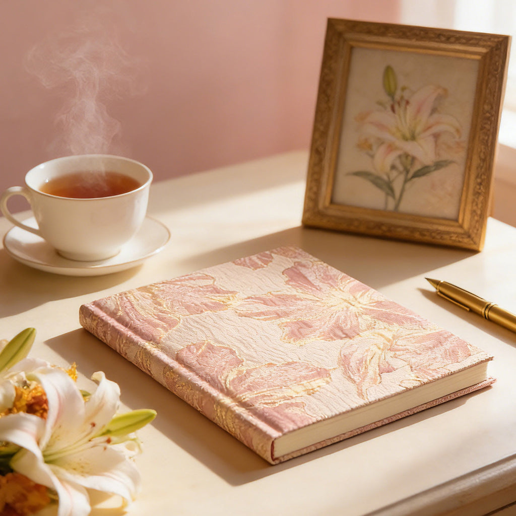 ipoul Floral Journal for Women, Hardcover Notebook, A5, 6x8, Ruled Pages, Lay Flat, Pretty Journal, Lily Flower, Pink