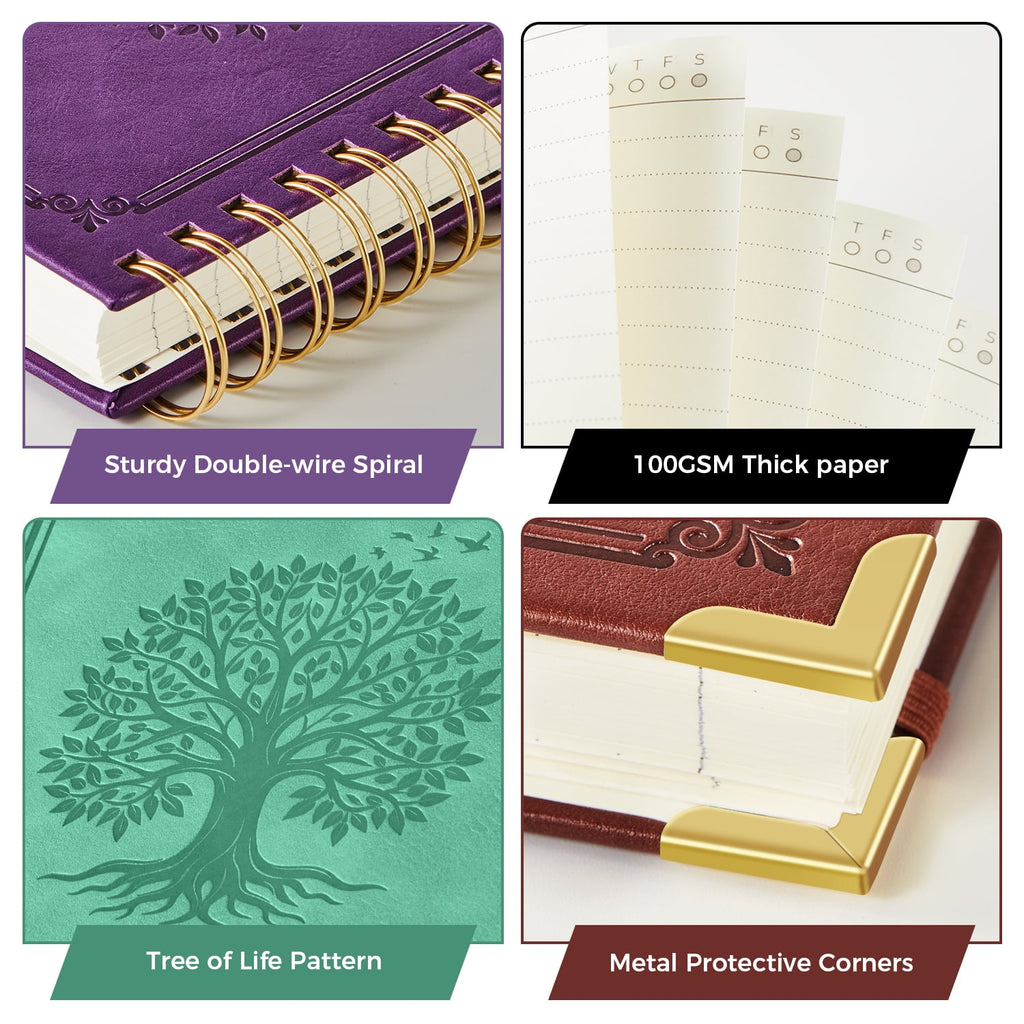 NIRMIRO A5 Hardcover Vintage Leather Notebook - Spiral Journal with Tree Embossed Cover, 100GSM Thick No Bleed Paper, Inner Pocket, 5.7''×8.4'' Notepad for Writing & Note-Taking