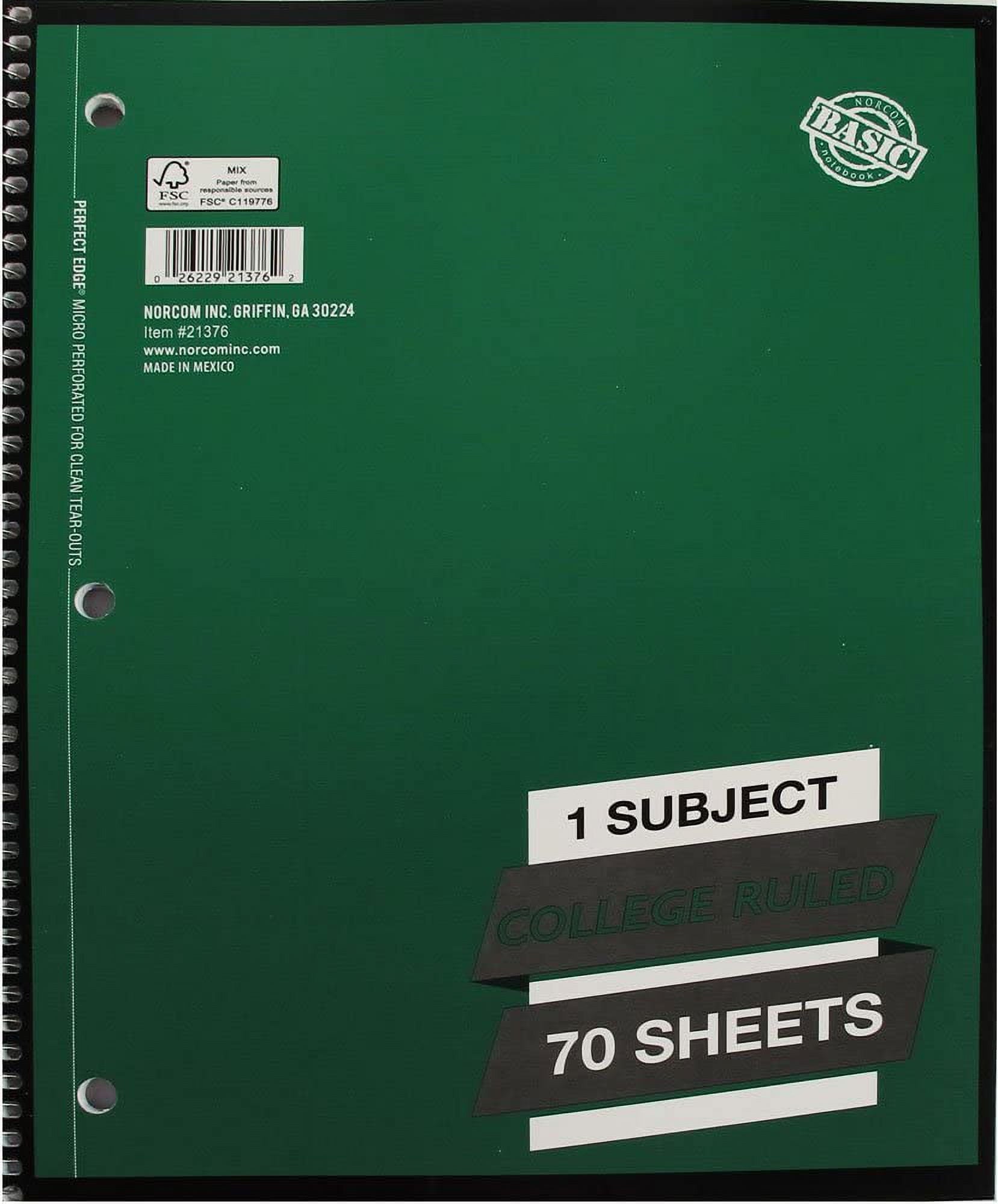 1 Subject College Ruled Spiral Notebook Solid Colors Perforated Edge 70 Sheet Pack of 5