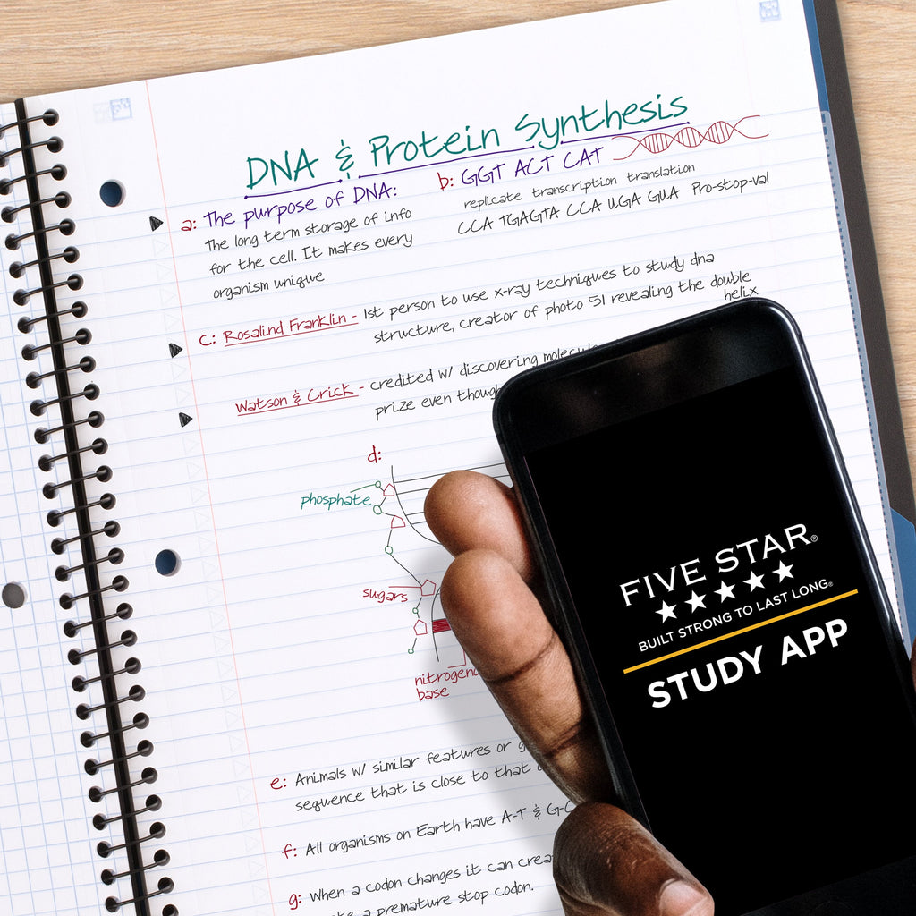 Five Star Advance 5 Subject College Ruled Notebook Plus Study App, 8.5" x 11", White, Poly, Spiral, 200 Sheets