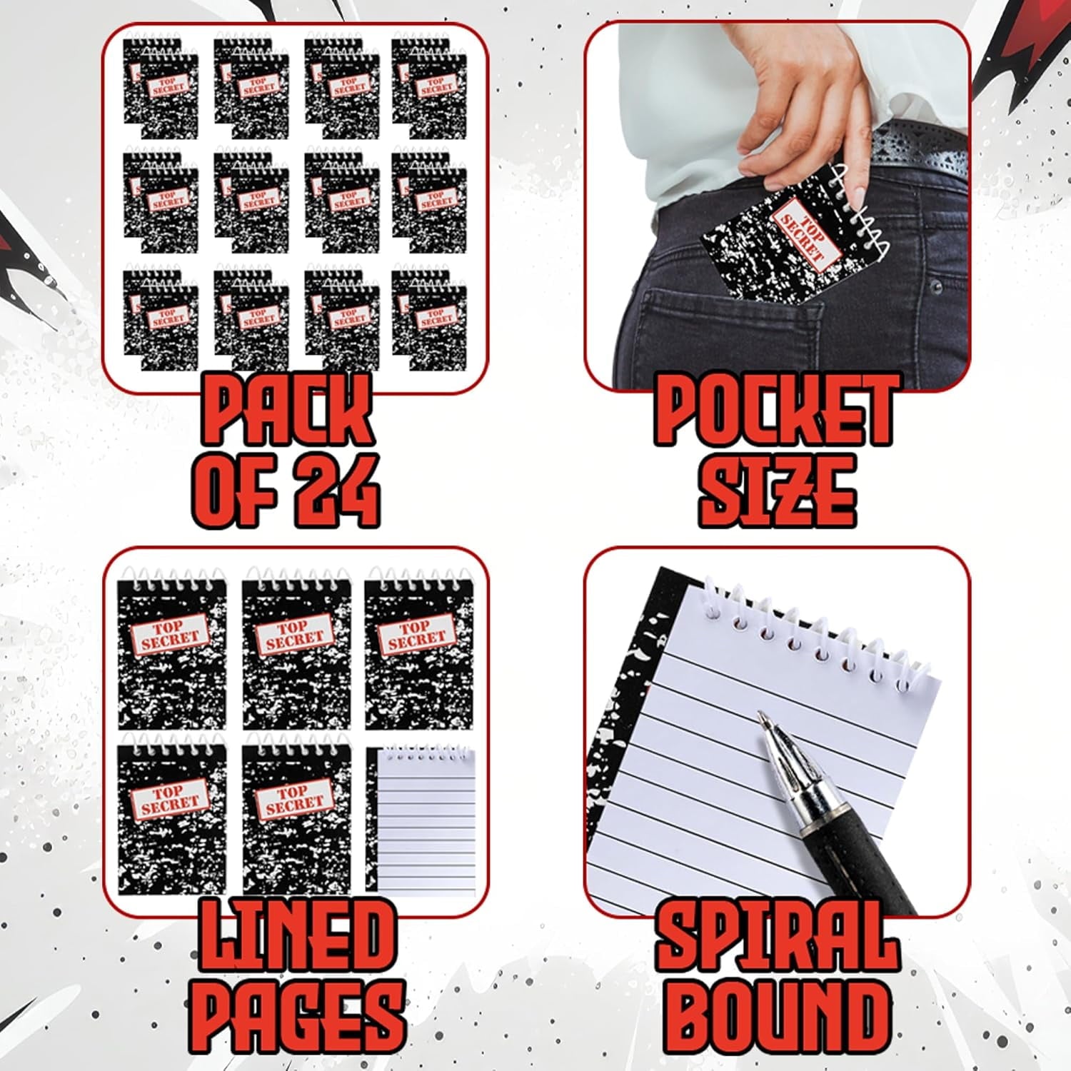 Top Secret Mini Notebooks for Kids - (Pack of 24) Spiral Note Book Pads for Murder Mystery Party Favors, Secret Agent Spy or Crime Detective Themed Parties, Goody Bag Notepads, Bedwina