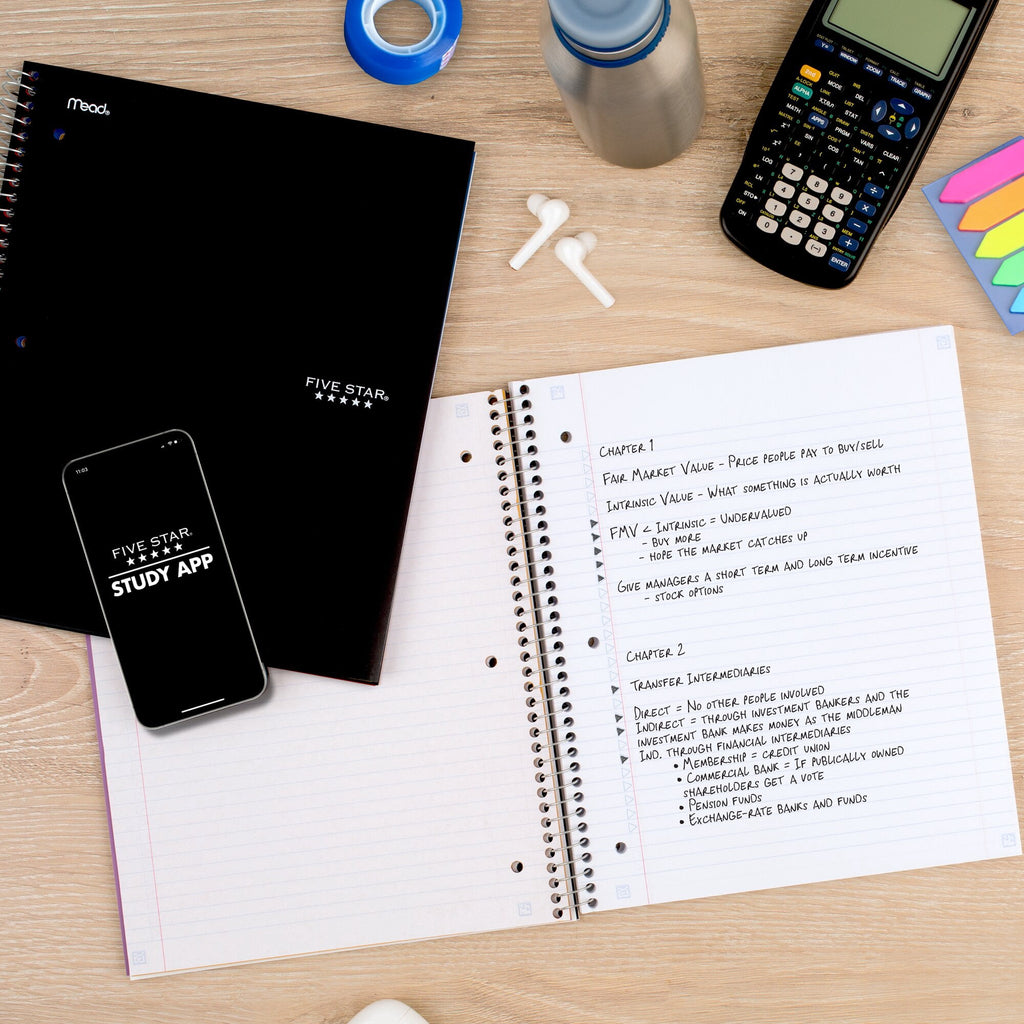 Five Star Spiral Notebook + Study App, 3 Subject, College Ruled, 8.5" x 11", Black