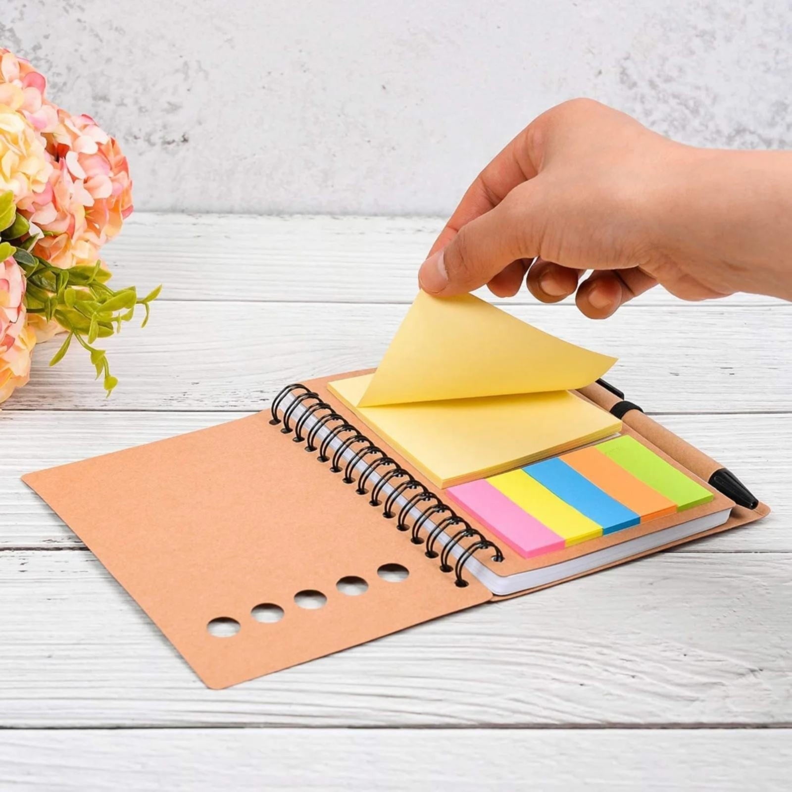 Mini Notebook with Pen,Pocket Spiral Notepad with Pen Holder, Steno Journal Featuring Sticky Notes & Page Markers, Compact Planner for Memos, Office Writing Supplies, Travel Organizer