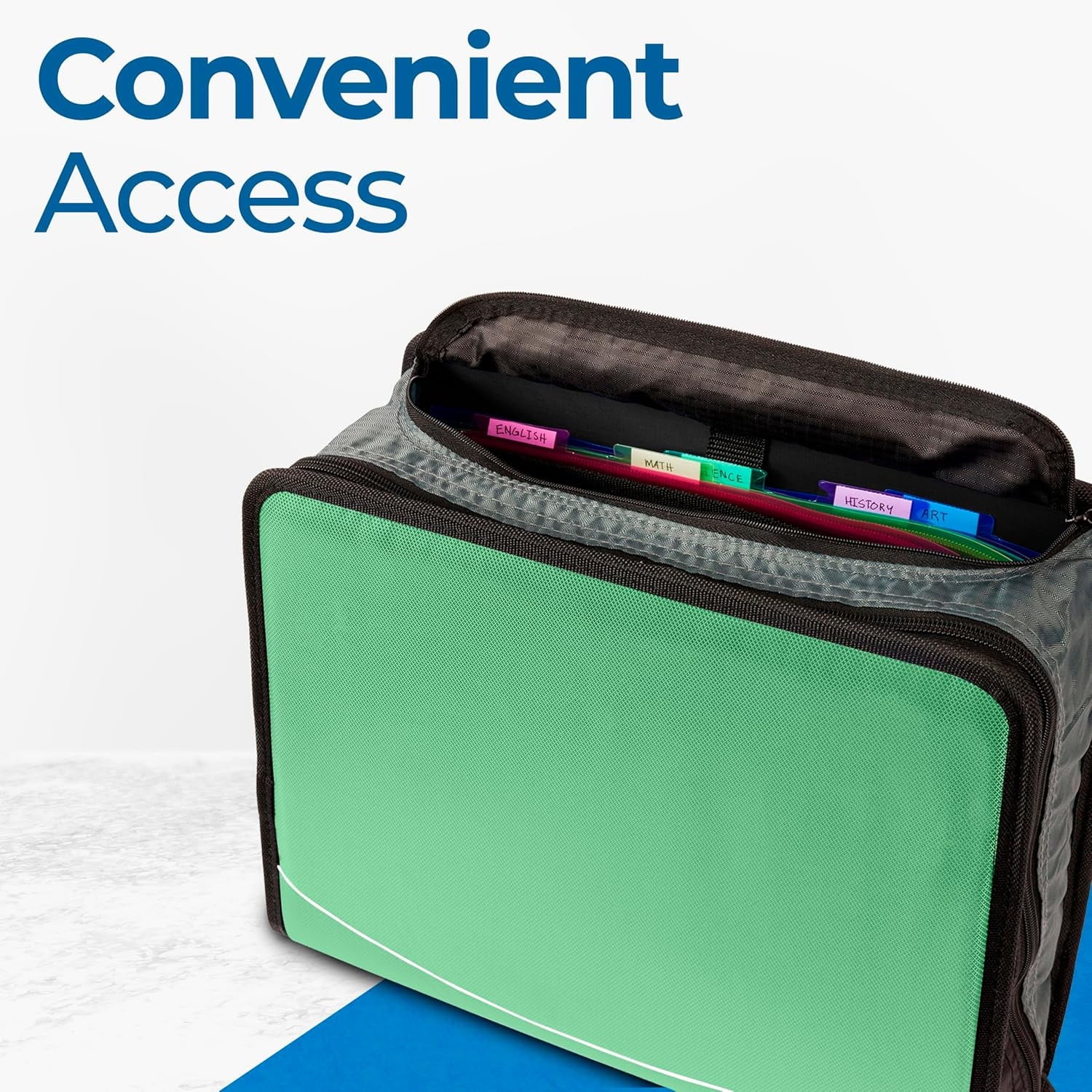 Case-it The Mighty Zip Tab Zipper Binder - 3 inch O-Rings - 5 Color Tab Expanding File Folder - Multiple Pockets - 600 Sheet Capacity - Comes with Shoulder Strap - Canopy Green D-146