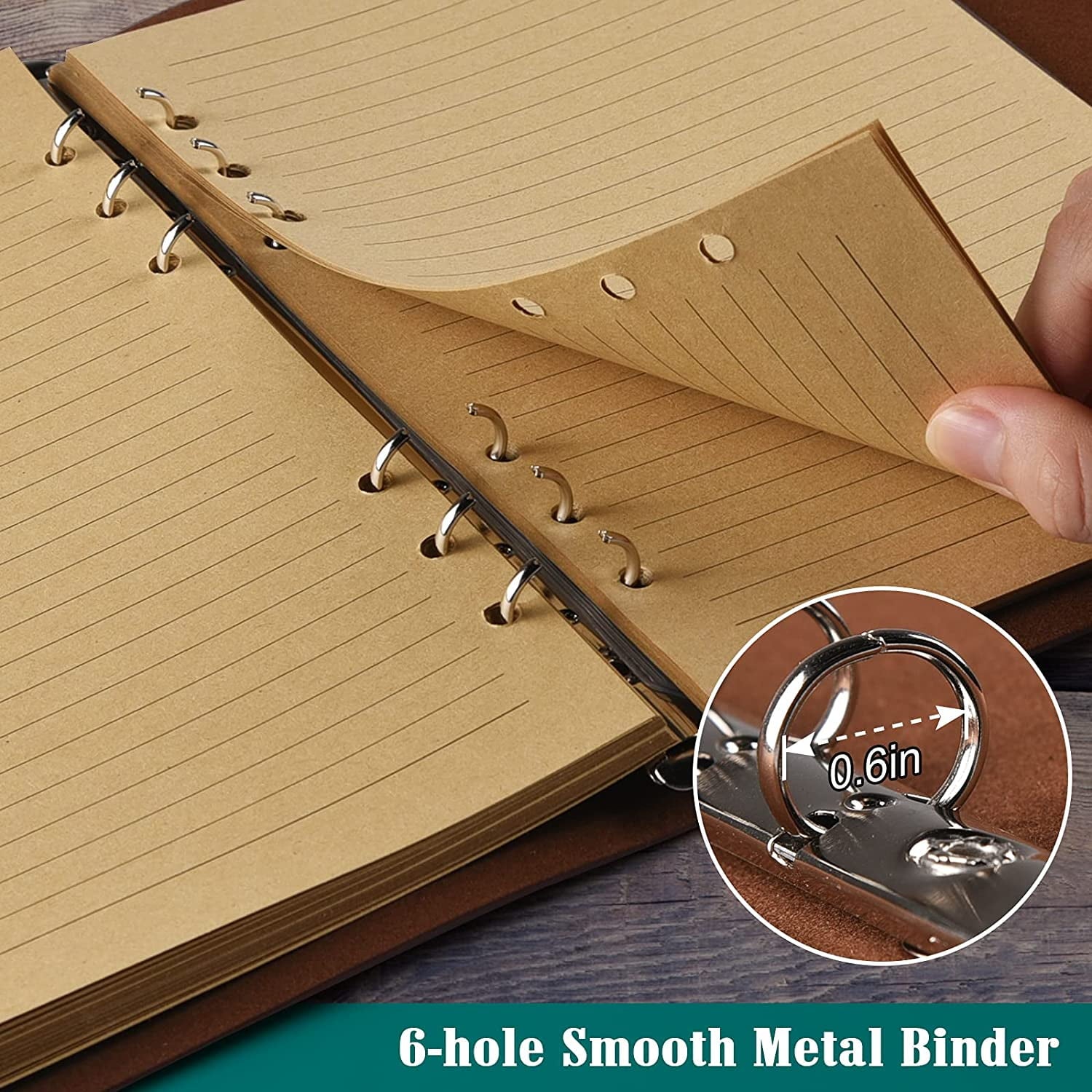 Leather Journal Notebook, Refillable Writing Journal Diary Planner for Women, A5 Size (6.3 x 9.3 inches), Lined Journal for Writing, Travel Journal with 6-Ring Binder Pockets