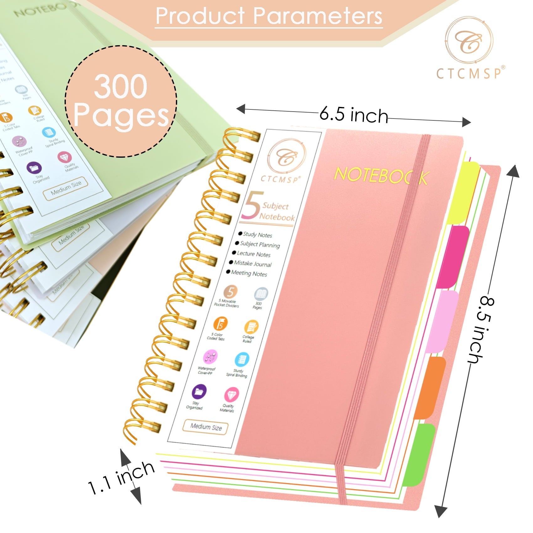 5 Subject Spiral Notebook with Removable Dividers Tabs Hardcover Notebook Journal for Women Men,Perfect for Academic Supplies,College Ruled,300 Pages
