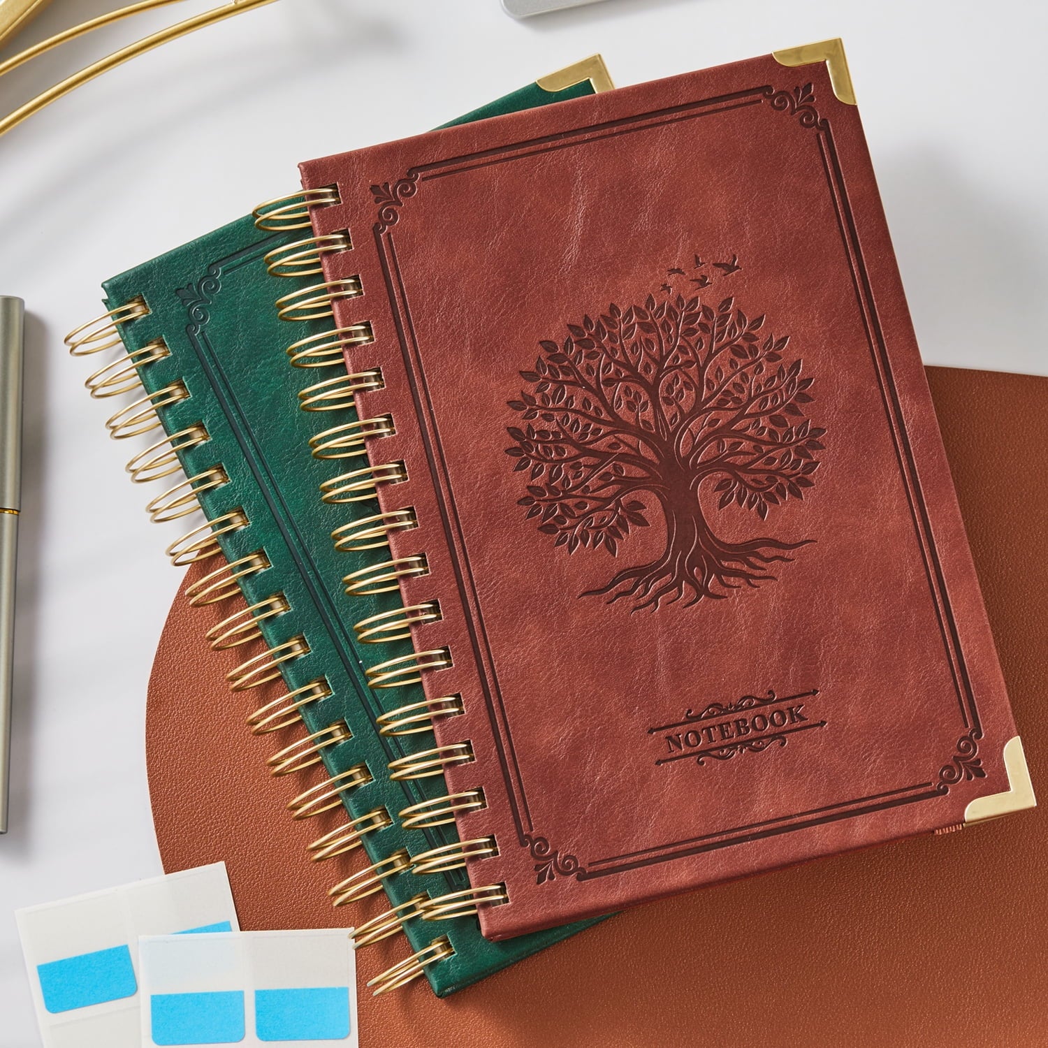 NIRMIRO A5 Hardcover Vintage Leather Notebook - Spiral Journal with Tree Embossed Cover, 100GSM Thick No Bleed Paper, Inner Pocket, 5.7''×8.4'' Notepad for Writing & Note-Taking