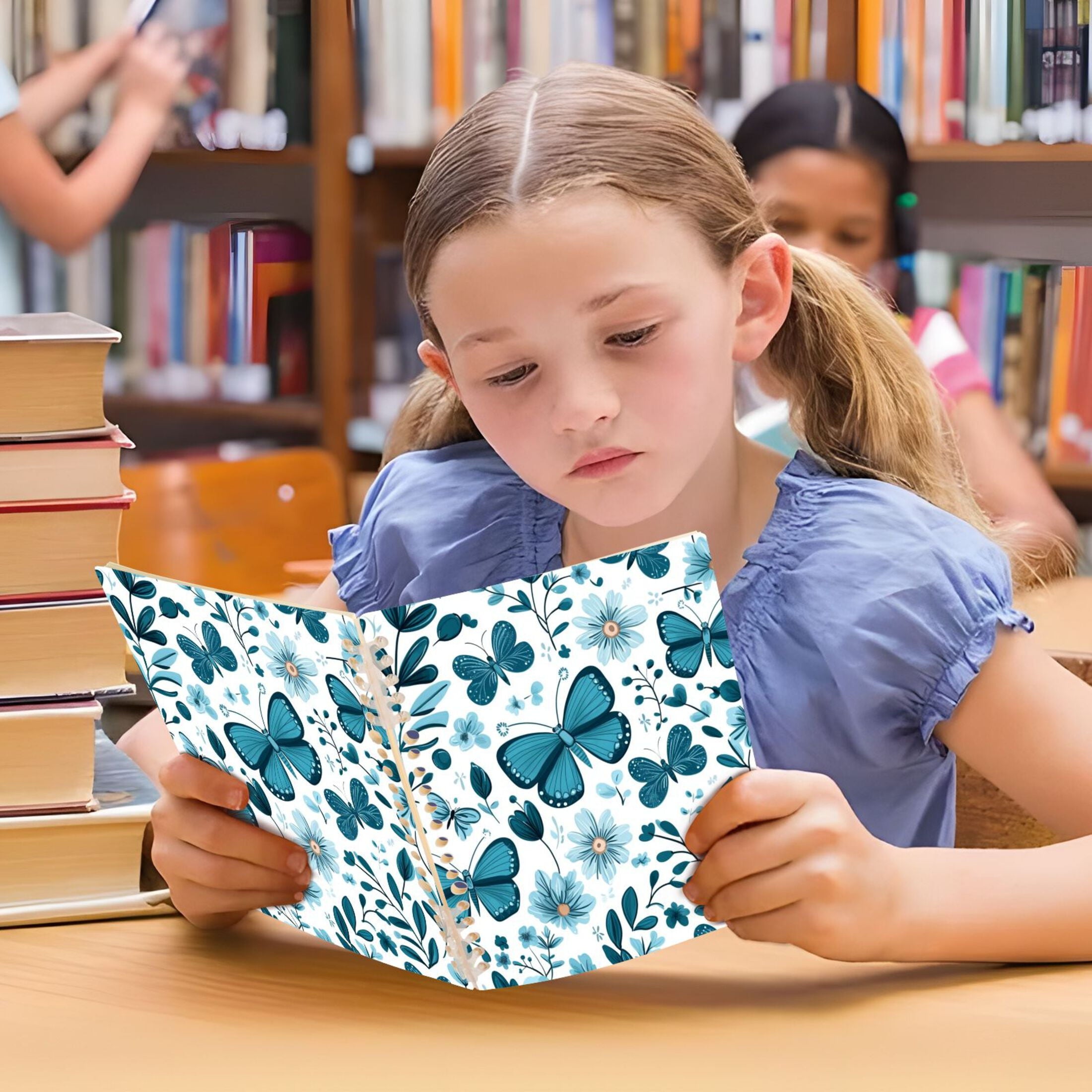 WOBOGO Light Blue Butterflies Flowers and Leaves Notebook College Horizontal Grid Paper Ink Spill Resistant Water Resistant Cover 8.3x5.7x0.4in