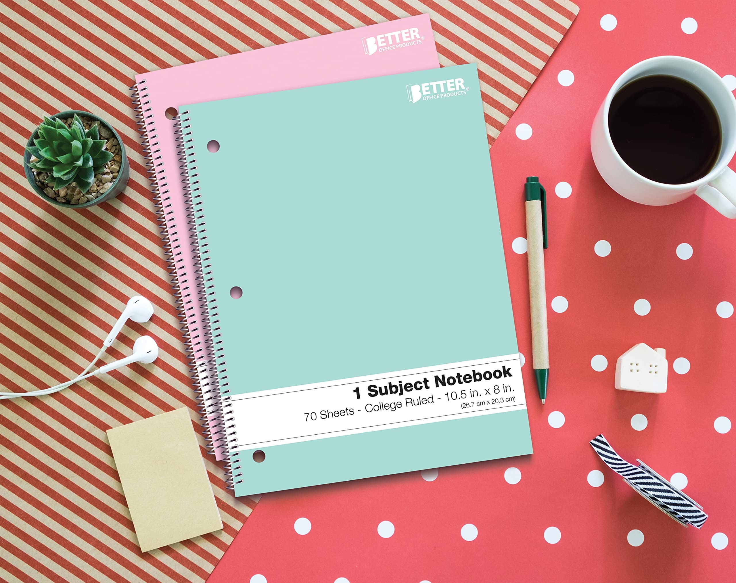 Better Office Products Spiral Notebooks, 6 Pack, 1 Subject, 70 Sheets, 10.5 x 8 inches, 6 Assorted Pastel Colors (College Ruled)