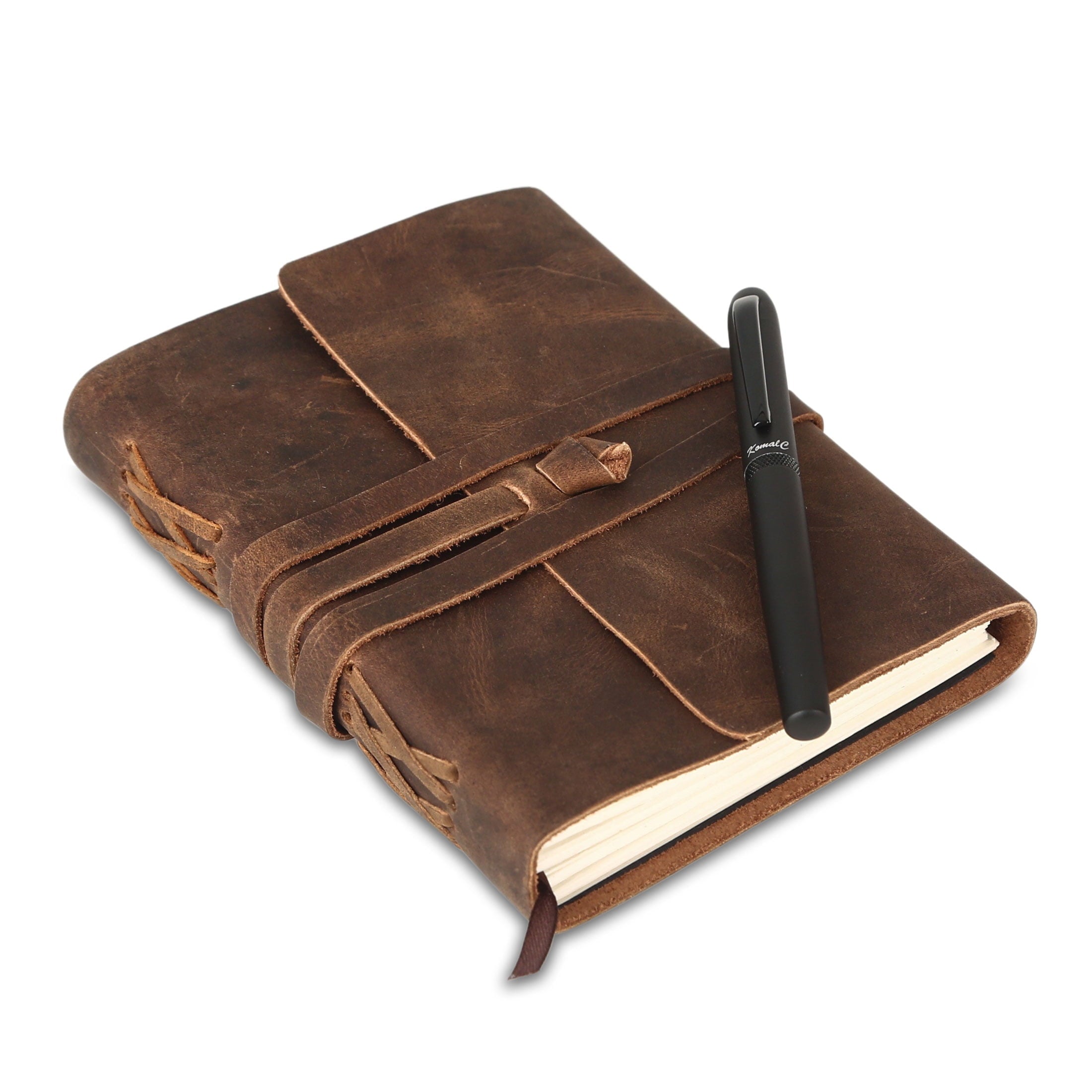 Handmade Full Grain Leather Journal with Lined Paper – 8 × 6″ Writing Notebook & Luxury Pen, Refillable Diary for Men & Women