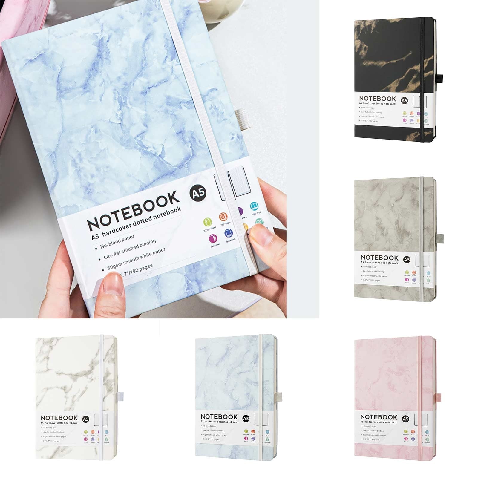 Marble-patterned elastic band notebook|Lined Journal Notebook For Women & Men 192 Pages College Ruled Notebook For Writing Note Taking Work 100 GSM Thick Paper Hardcover Journal Medium （Blue）