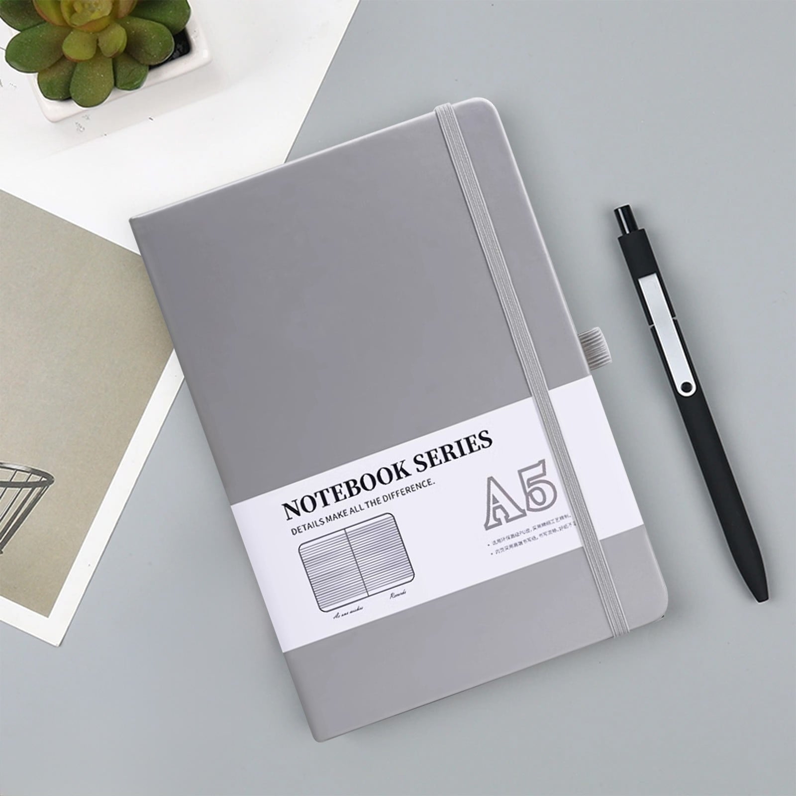 Hardcover Notebook with Inner Pockets, 200 Pages College-Ruled Notebook for Writing Notes, Journaling and Planning, Thick 80g Paper, Elastic Closure and Ribbon Bookmark