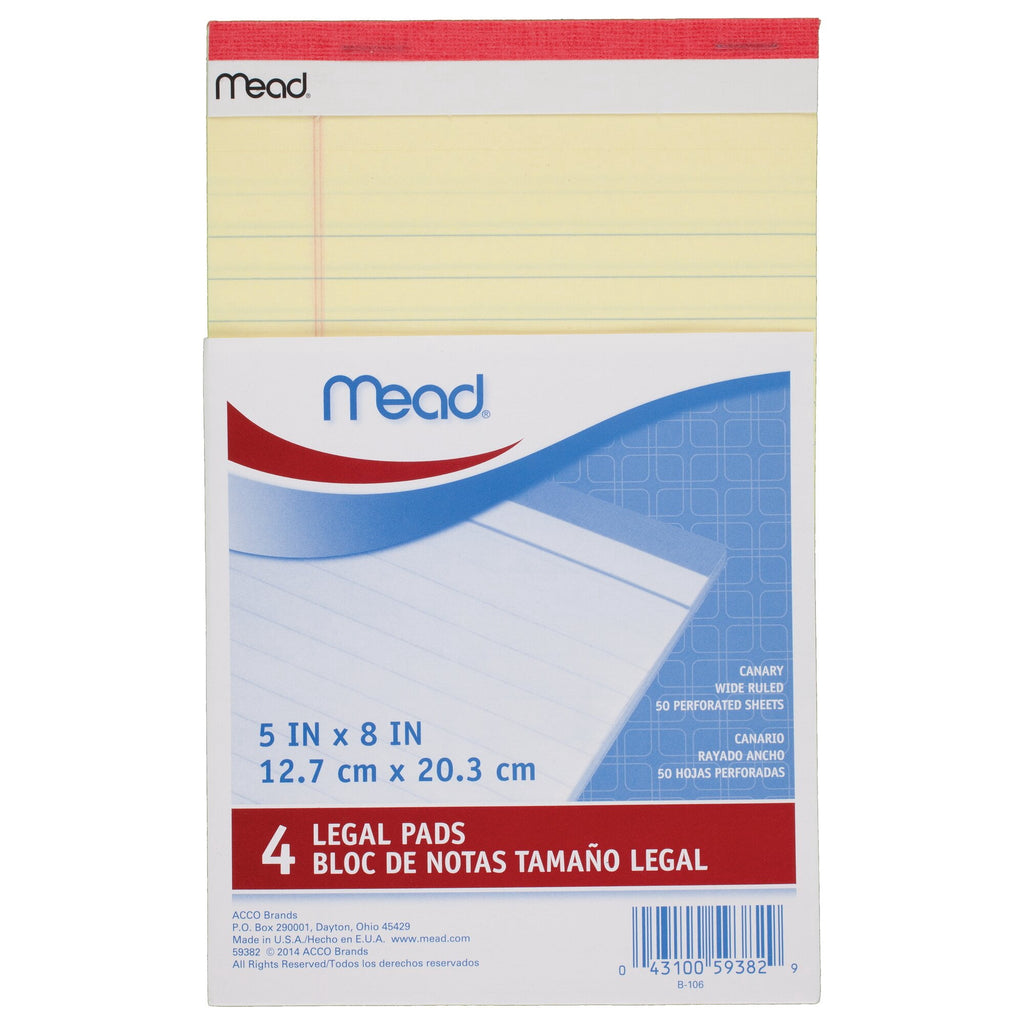 Mead Junior Legal Pads, 5" x 8", Canary Yellow, 4 Pack