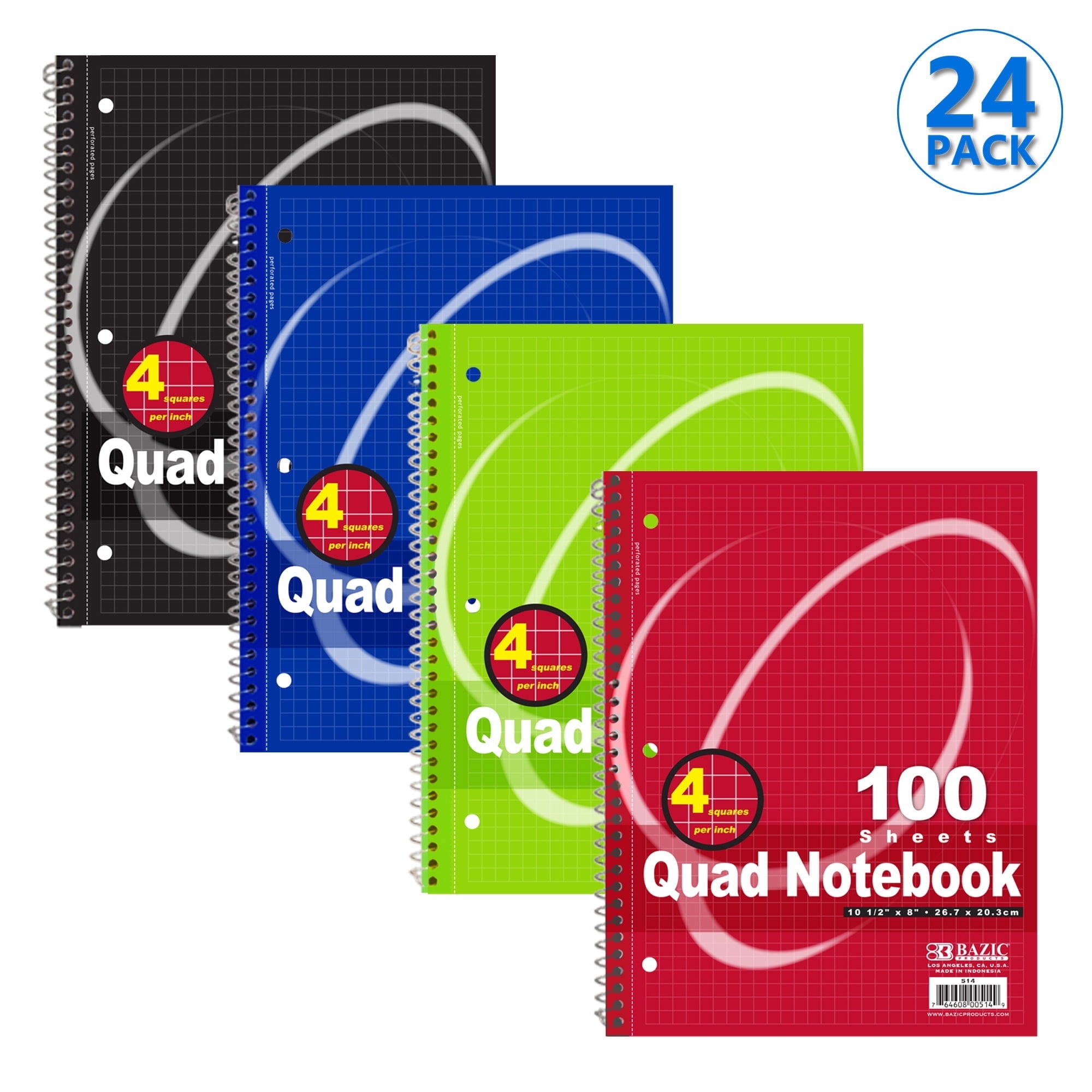 BAZIC 100 Ct. Quad-Ruled 4-1" Spiral Notebook [514]