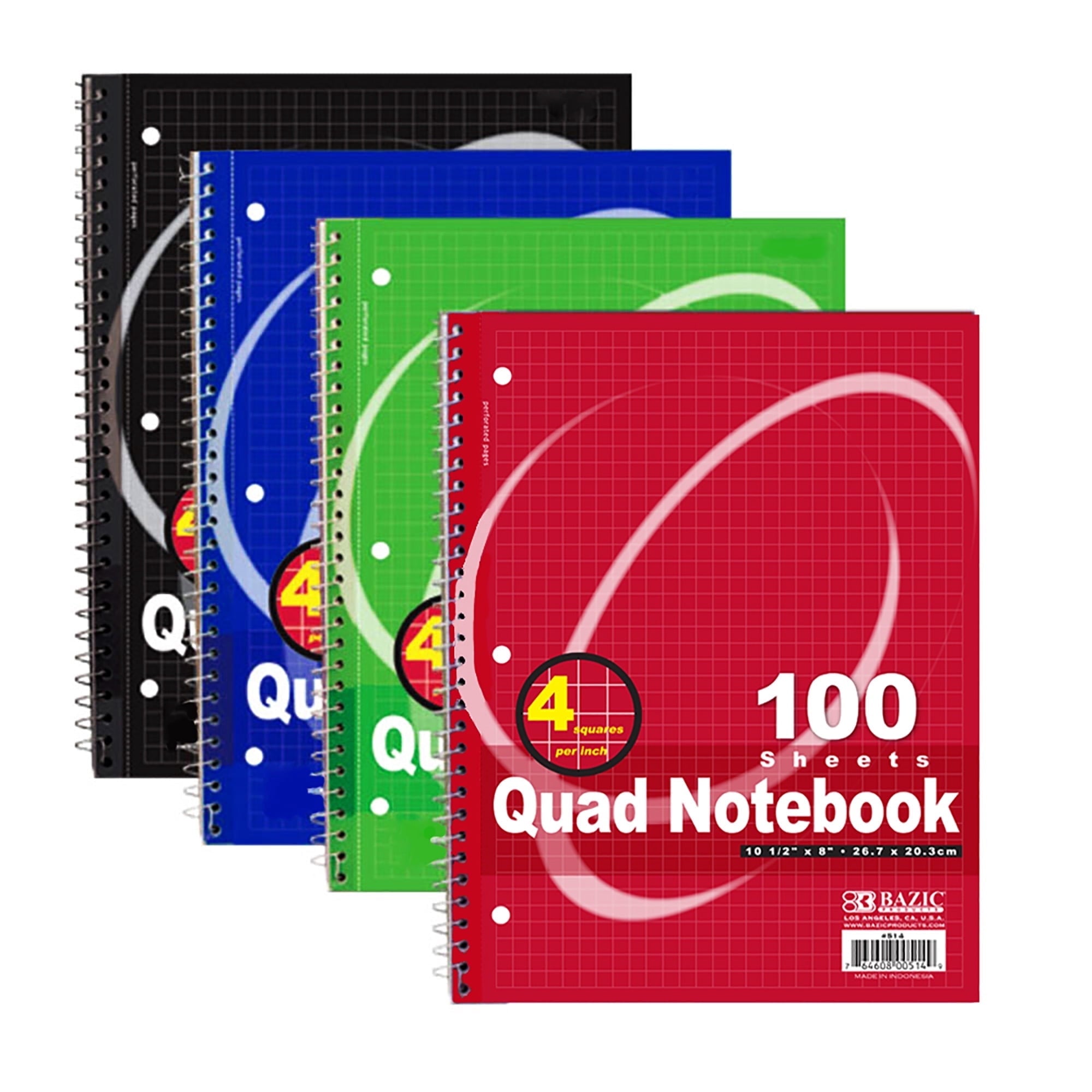 BAZIC 100 Ct. Quad-Ruled 4-1" Spiral Notebook [514]