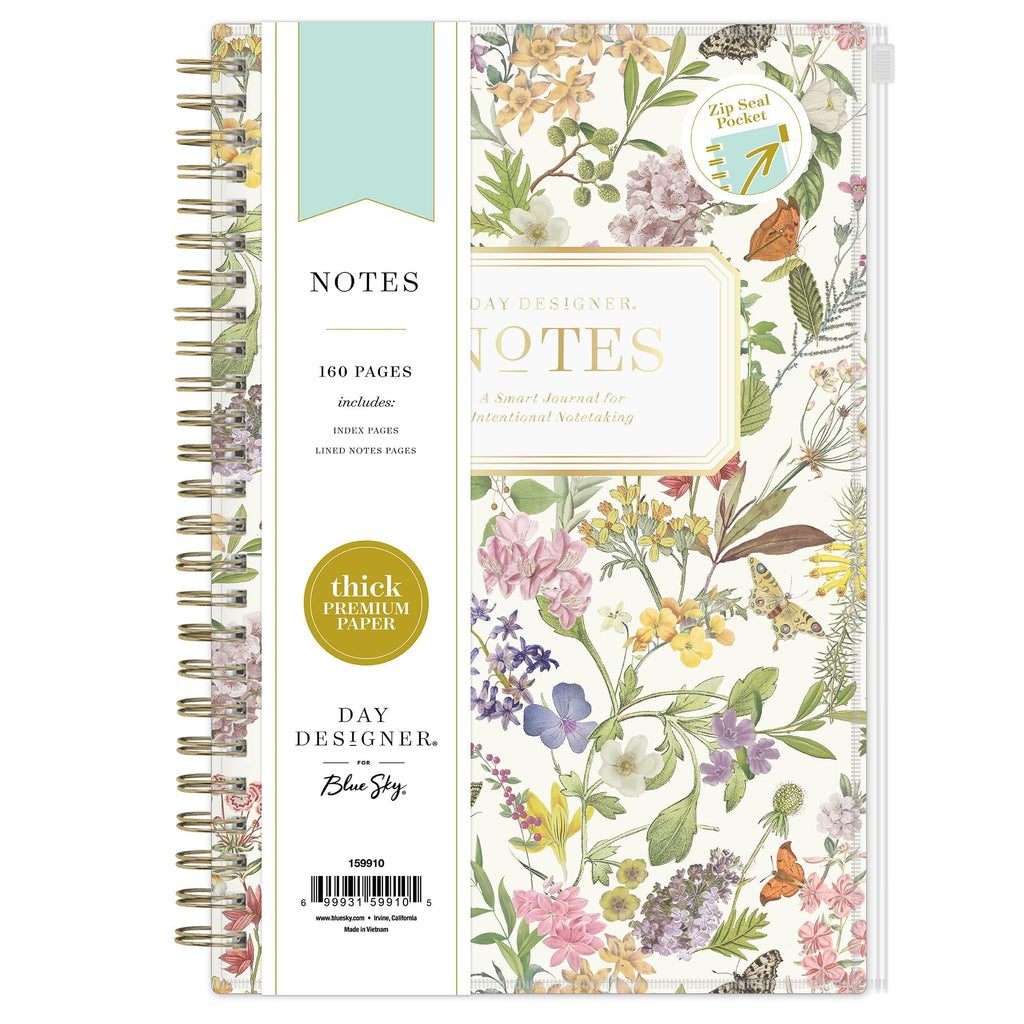 Blue Sky Day Designer Zip Pocket Cover Notebook, 5.75" x 8.5" Undated Journal, 160 Lined & Perforated Pages, Index Pages, Gold Durable Twin Wire Binding, For Office & School, Butterfly Garden Cream