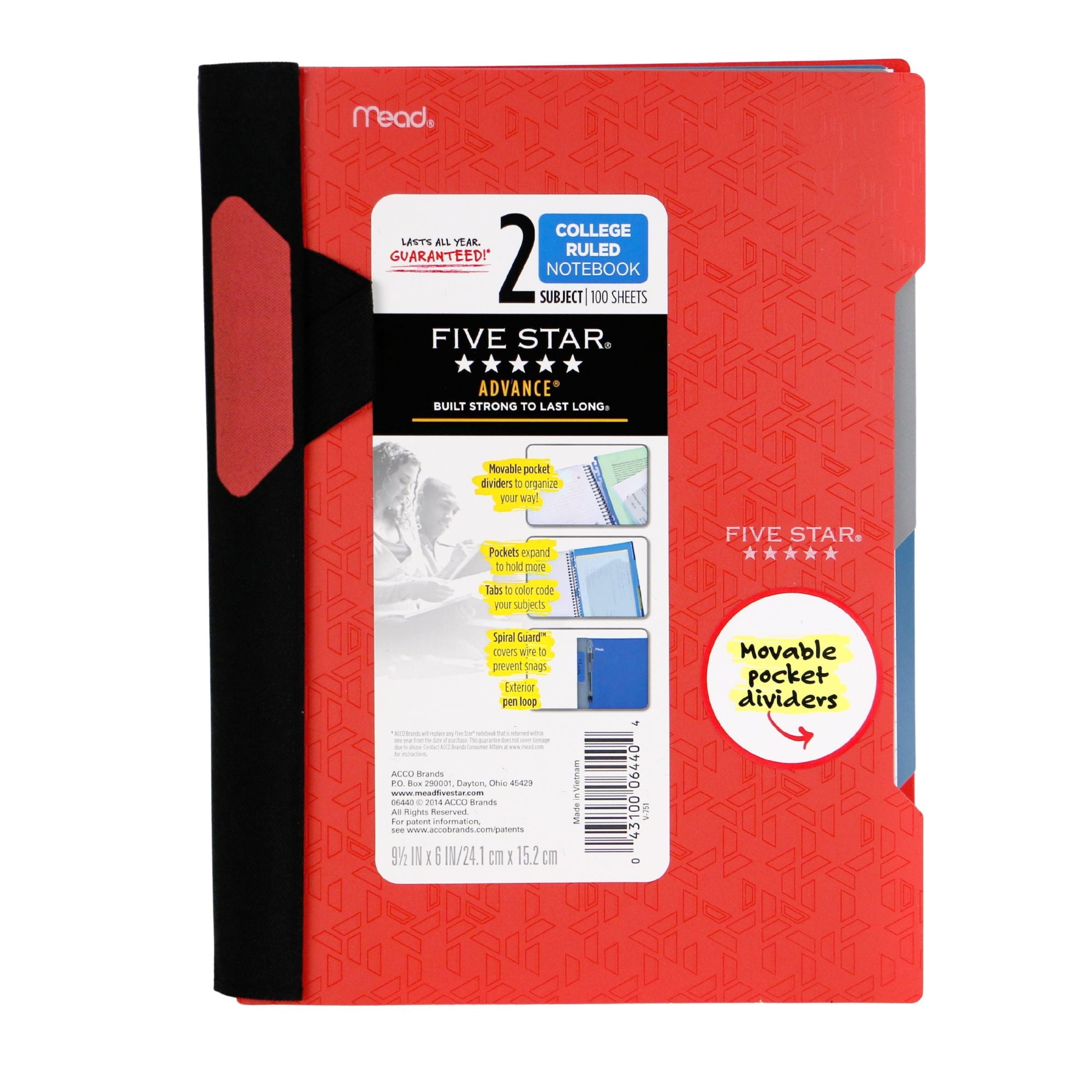 Five Star Advance Small 2-Subject Spiral Guard Notebook [College Ruled]: 6 in. x 9-1/2 in. (Red)