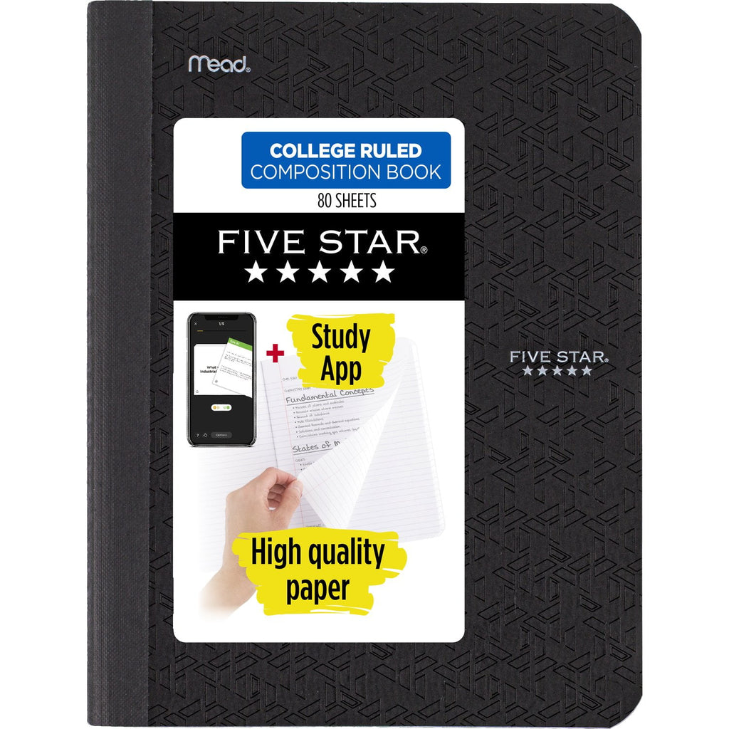 Five Star Composition Book Plus Study App, College Ruled, 80 Sheets, Poly, 7.5" x 9.75", Black