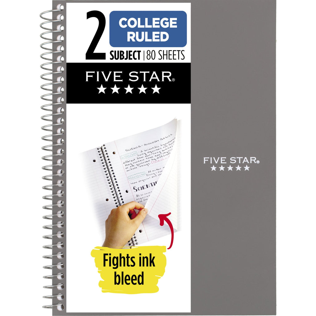 Five Star Spiral Notebook, 2 Subject, College Ruled, 6" x 9.5", Gray