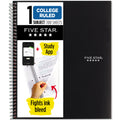 Five Star 1 Subject College Ruled Notebook Plus Study App, 8.5" x 11", Black, Poly, Spiral, 100 Sheets
