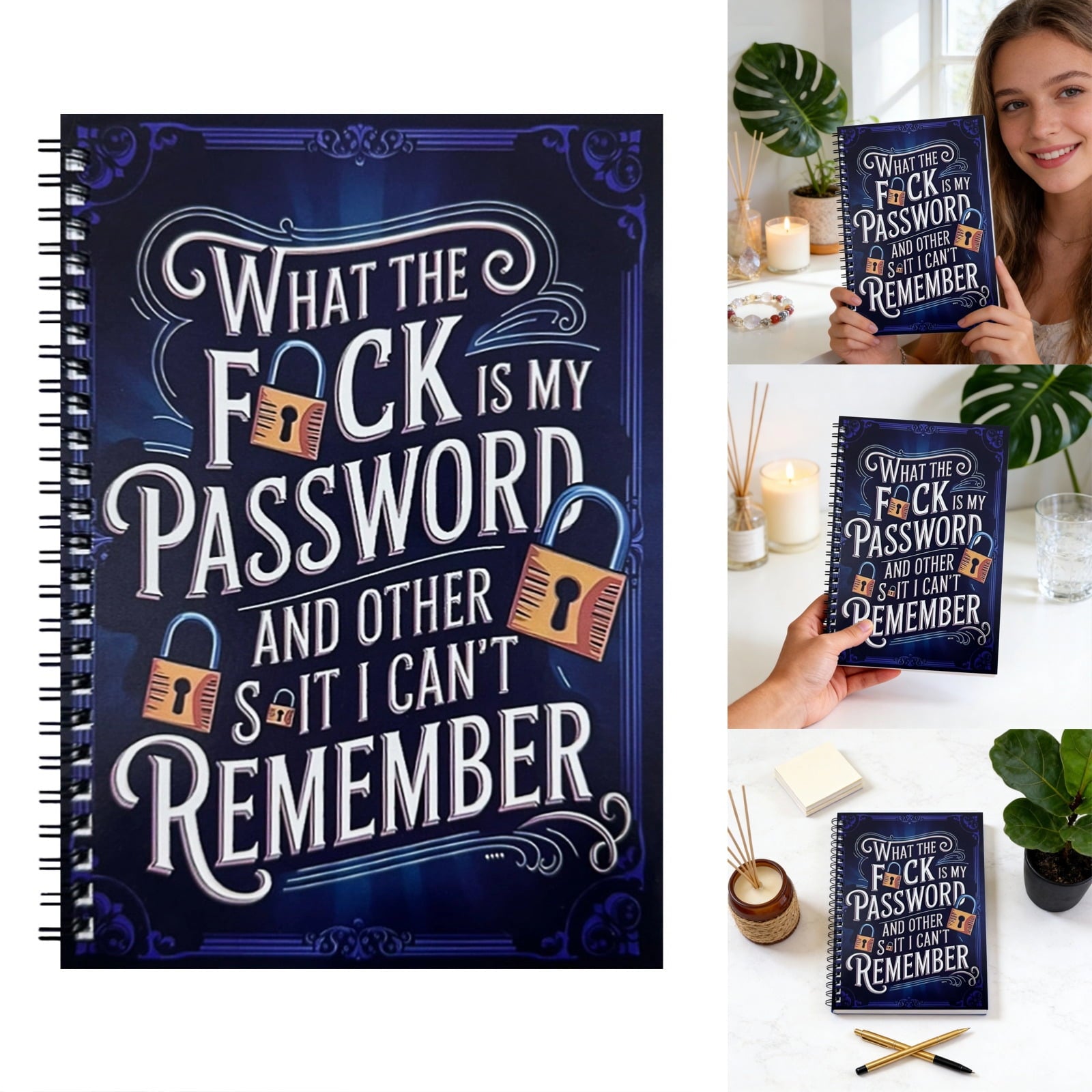 Funny Password Notebook - What The F*Ck My Password & Forgotten Stuff Journal - Spiral-Bound Password Organizer with Lock Icons, Durable Hard Cover Password Keeper