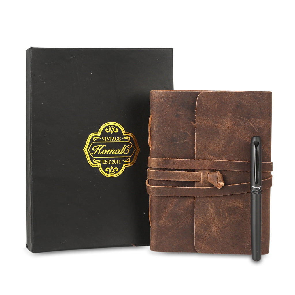 Handmade Full Grain Leather Journal with Lined Paper – 8 × 6″ Writing Notebook & Luxury Pen, Refillable Diary for Men & Women