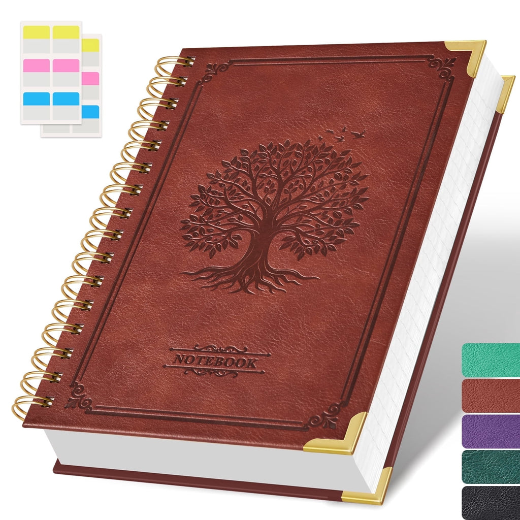 NIRMIRO A5 Hardcover Vintage Leather Notebook - Spiral Journal with Tree Embossed Cover, 100GSM Thick No Bleed Paper, Inner Pocket, 5.7''×8.4'' Notepad for Writing & Note-Taking