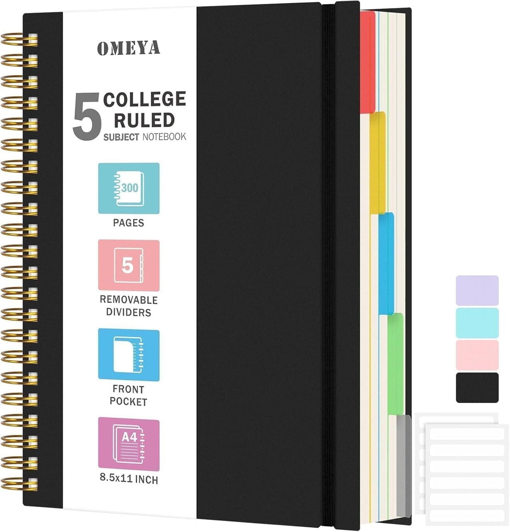 OMEYA 5 Subject Notebooks College Ruled, Spiral Notebook 8.5 x 11in with Dividers, 300 Pages 100GSM Thick Spiral Writing Journal for Women & Men, Large A4 Lined Journal for Work, Campus