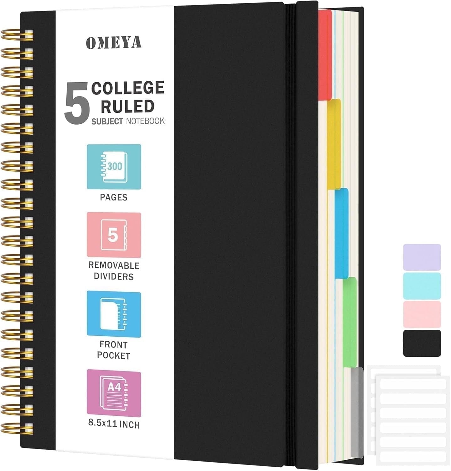 OMEYA 5 Subject Notebooks College Ruled, Spiral Notebook 8.5 x 11in with Dividers, 300 Pages 100GSM Thick Spiral Writing Journal for Women & Men, Large A4 Lined Journal for Work, Campus