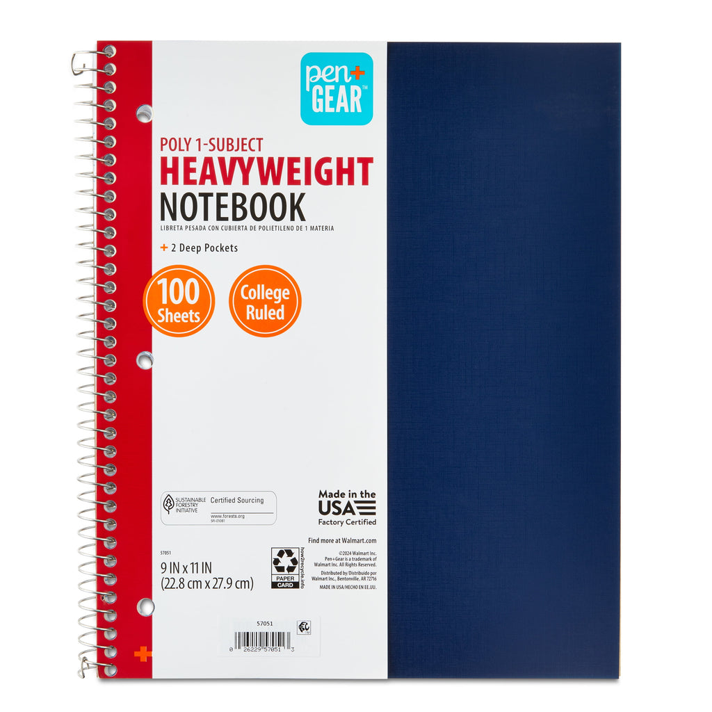 Pen+Gear College Ruled 1-Subject Poly Notebook, Blue Sapphire, 9" x 11", 100 Sheets