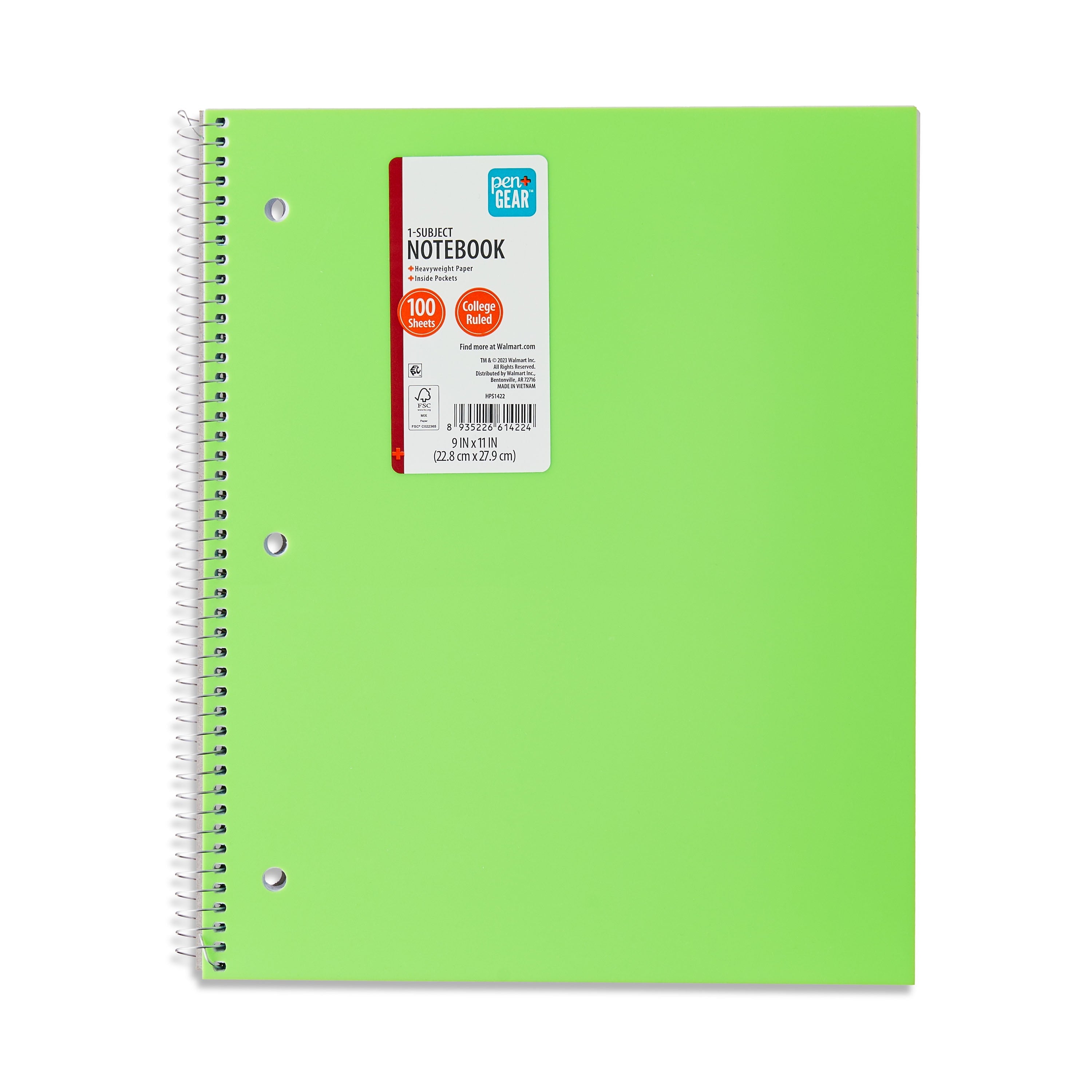 Pen+Gear College Ruled Poly 1-Subject Notebook with Inside Pockets, 9" x 11", Teal, 100 Heavyweight Sheets