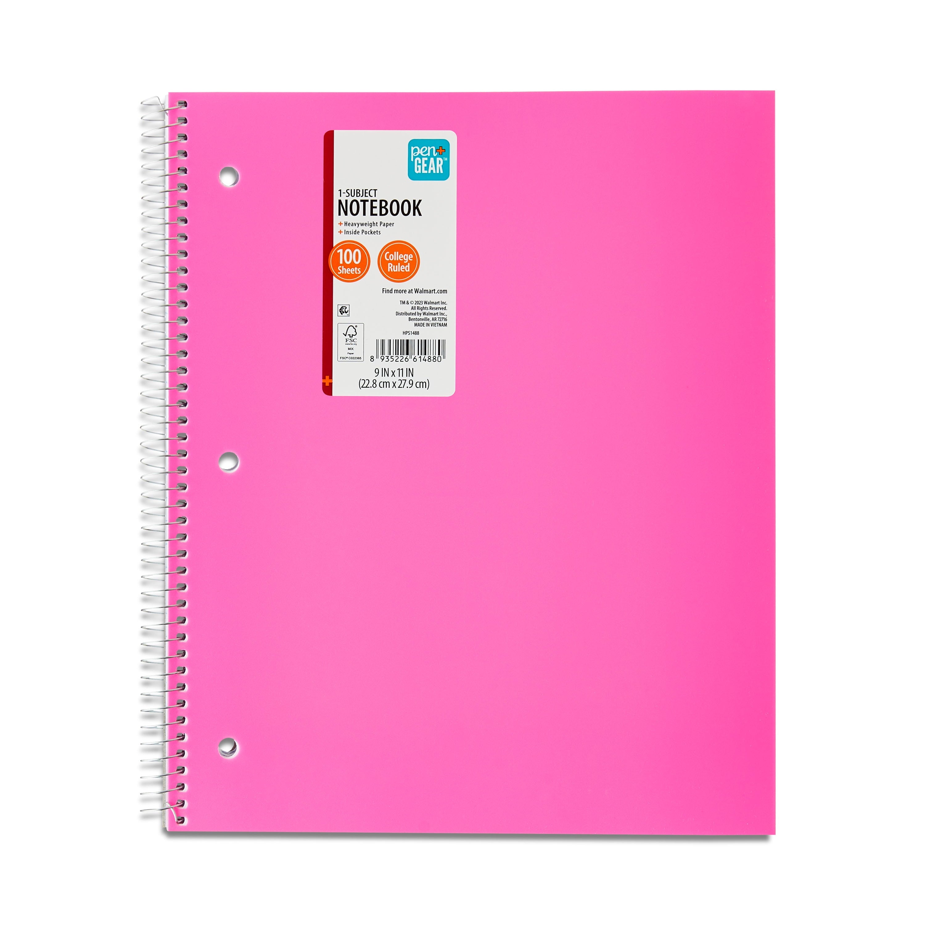Pen+Gear College Ruled Poly 1-Subject Notebook with Inside Pockets, 9" x 11", Teal, 100 Heavyweight Sheets