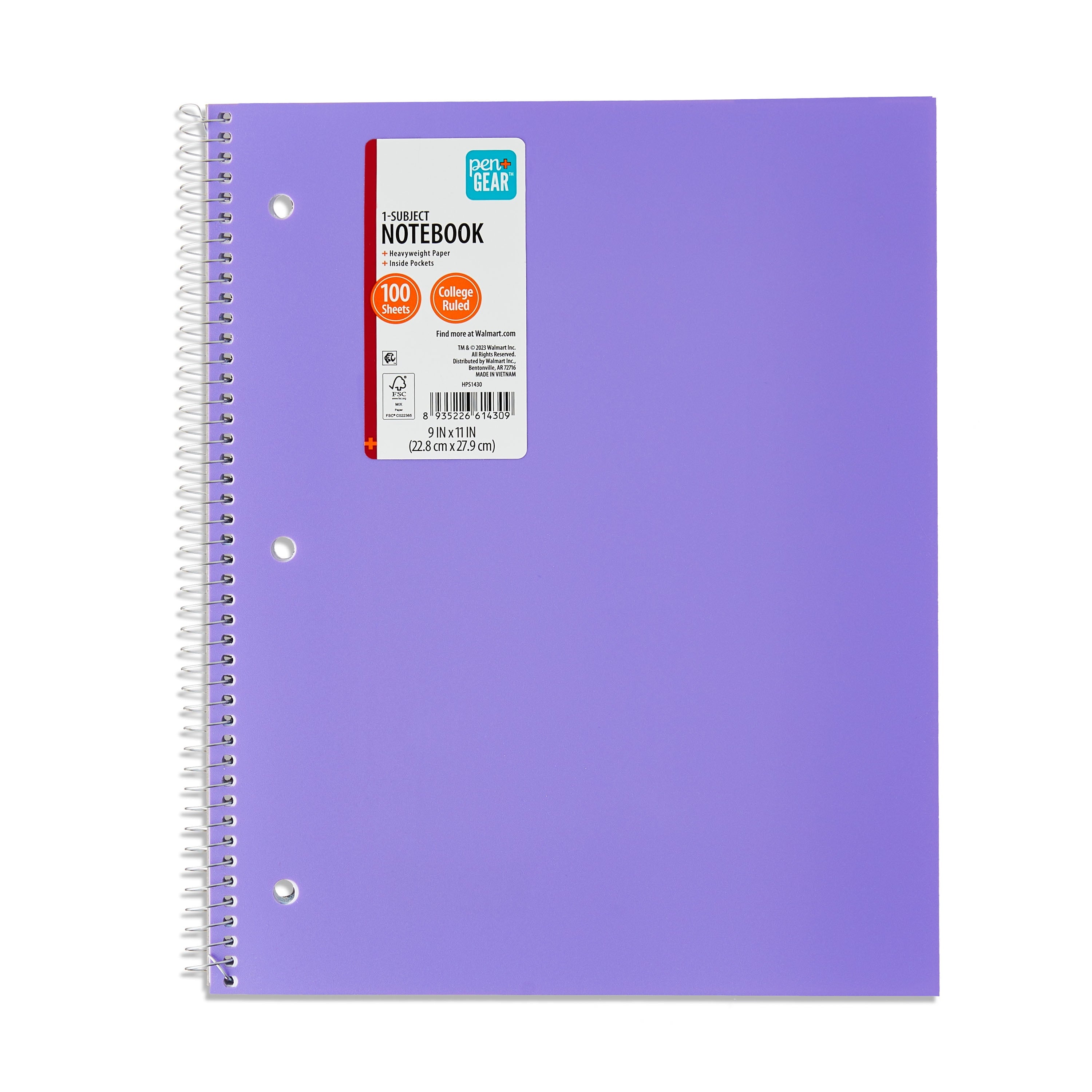 Pen+Gear College Ruled Poly 1-Subject Notebook with Inside Pockets, 9" x 11", Teal, 100 Heavyweight Sheets