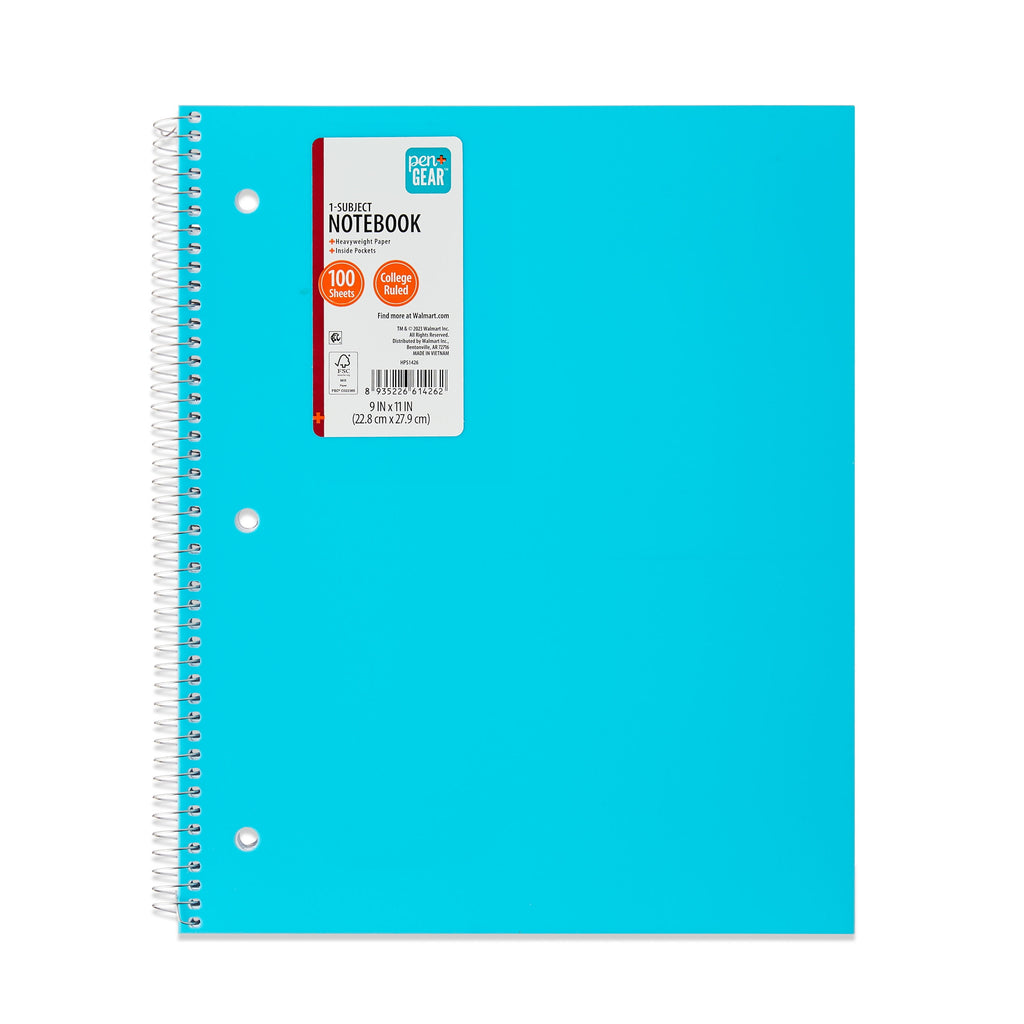 Pen+Gear College Ruled Poly 1-Subject Notebook with Inside Pockets, 9" x 11", Teal, 100 Heavyweight Sheets