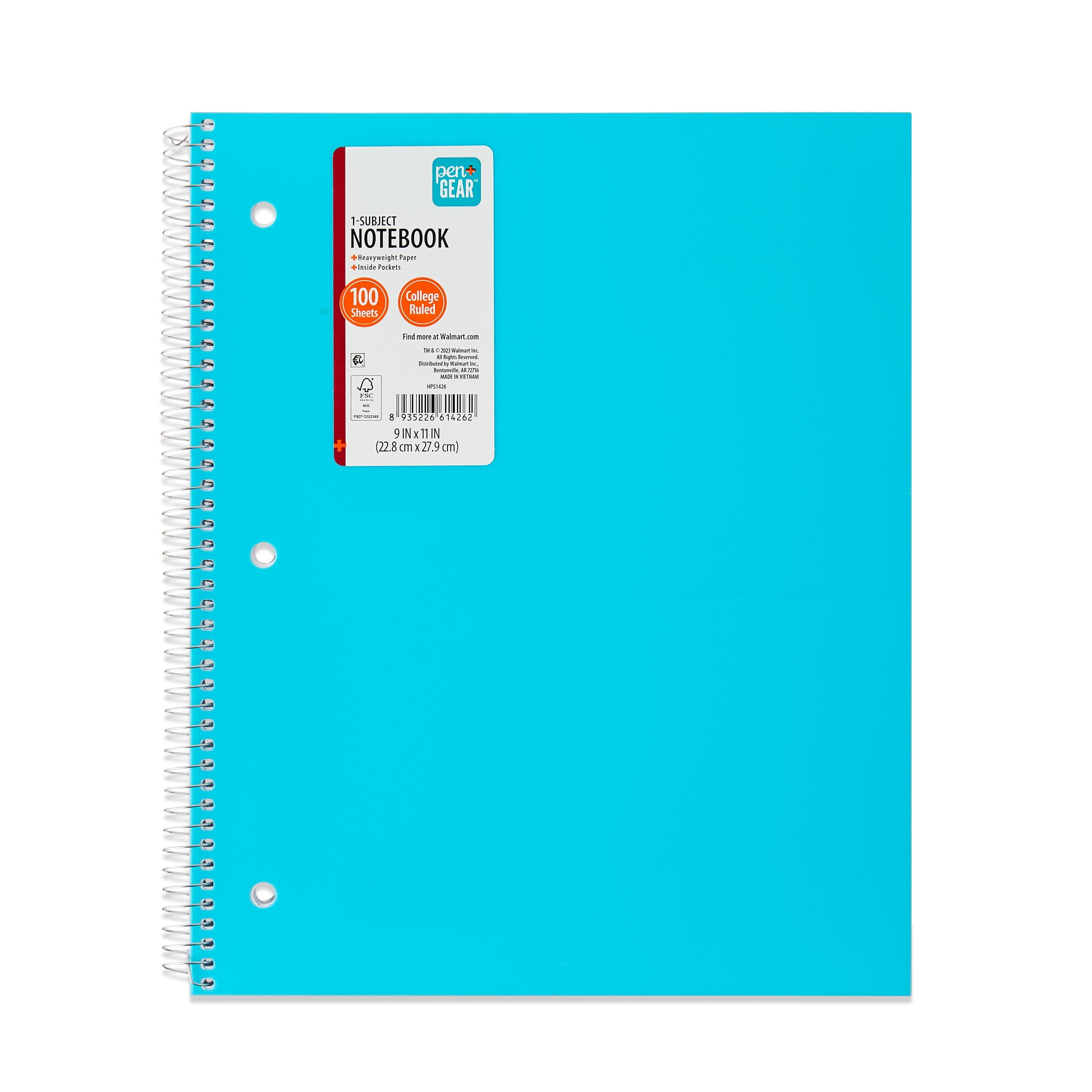 Pen+Gear College Ruled Poly 1-Subject Notebook with Inside Pockets, 9" x 11", Teal, 100 Heavyweight Sheets