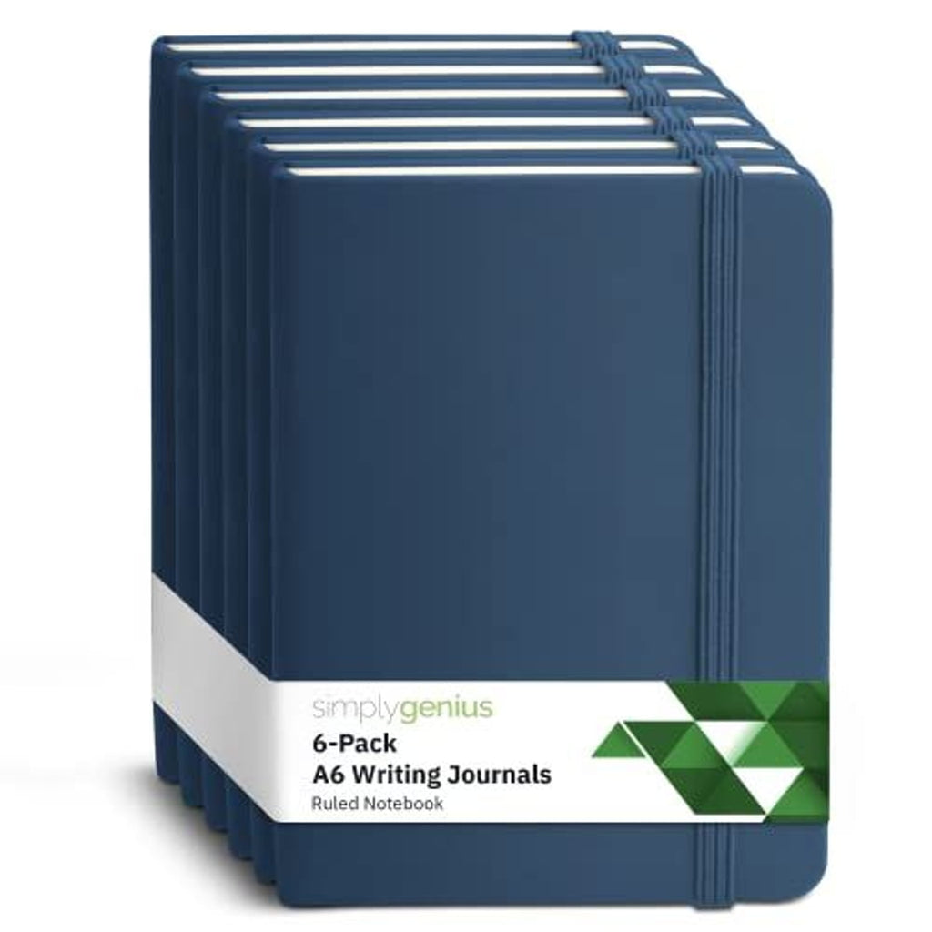 Simply Genius Notebook A6-3.7" x 5.7", Navy, 6 Pack Faux Leather Hardcover - Pocket Notepad for Note Taking