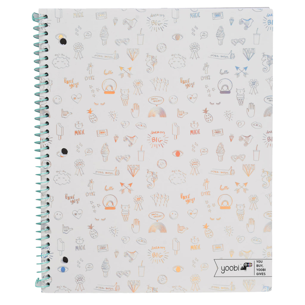 Yoobi, Notebook, 1 Subject, Spiral, Paper Cover, 9" x 11", College Ruled, 100 sheets - Aqua Holographic Mini Doodles