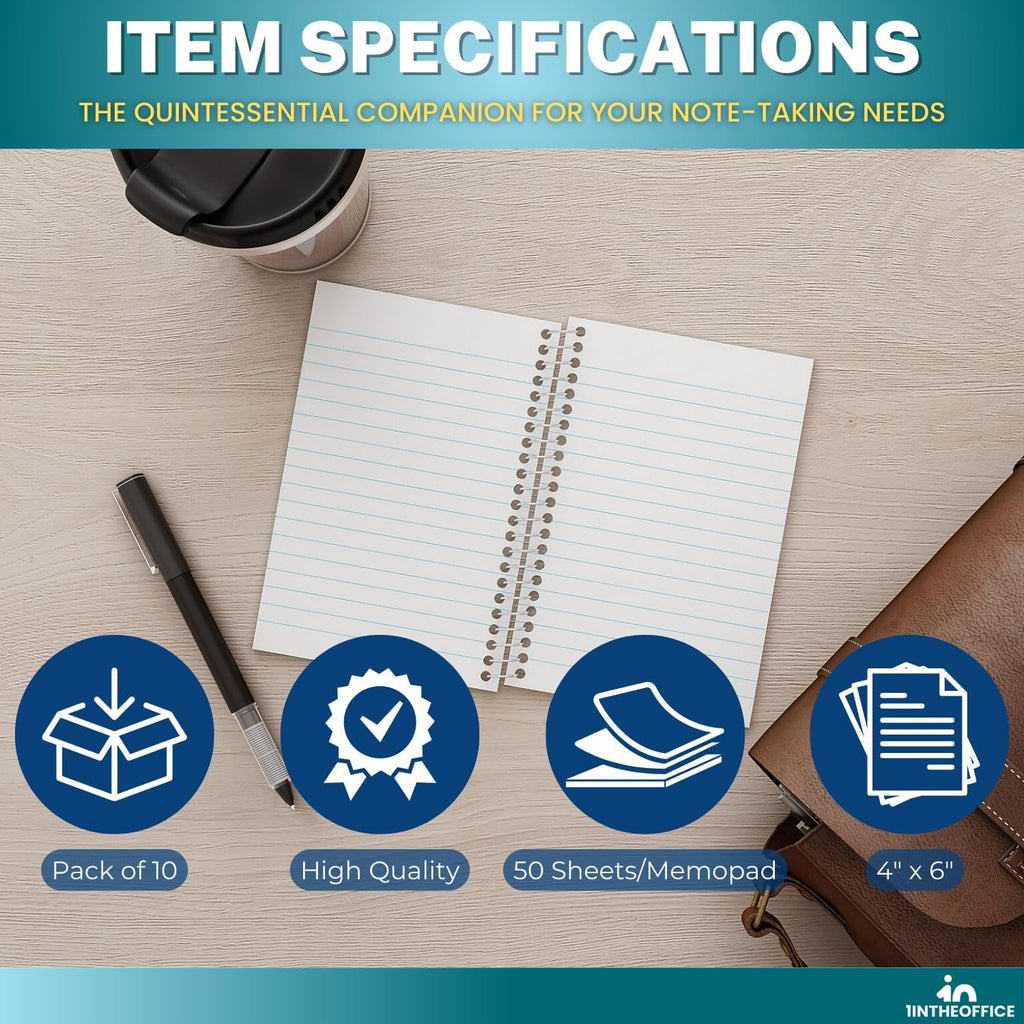 1InTheOffice Wirebound Spiral Memo Books, Memo Pads, 4" x 6", College Ruled, Small Notepad 4x6, Assorted, 50Sheets/Pad, 10 Pads/Pack