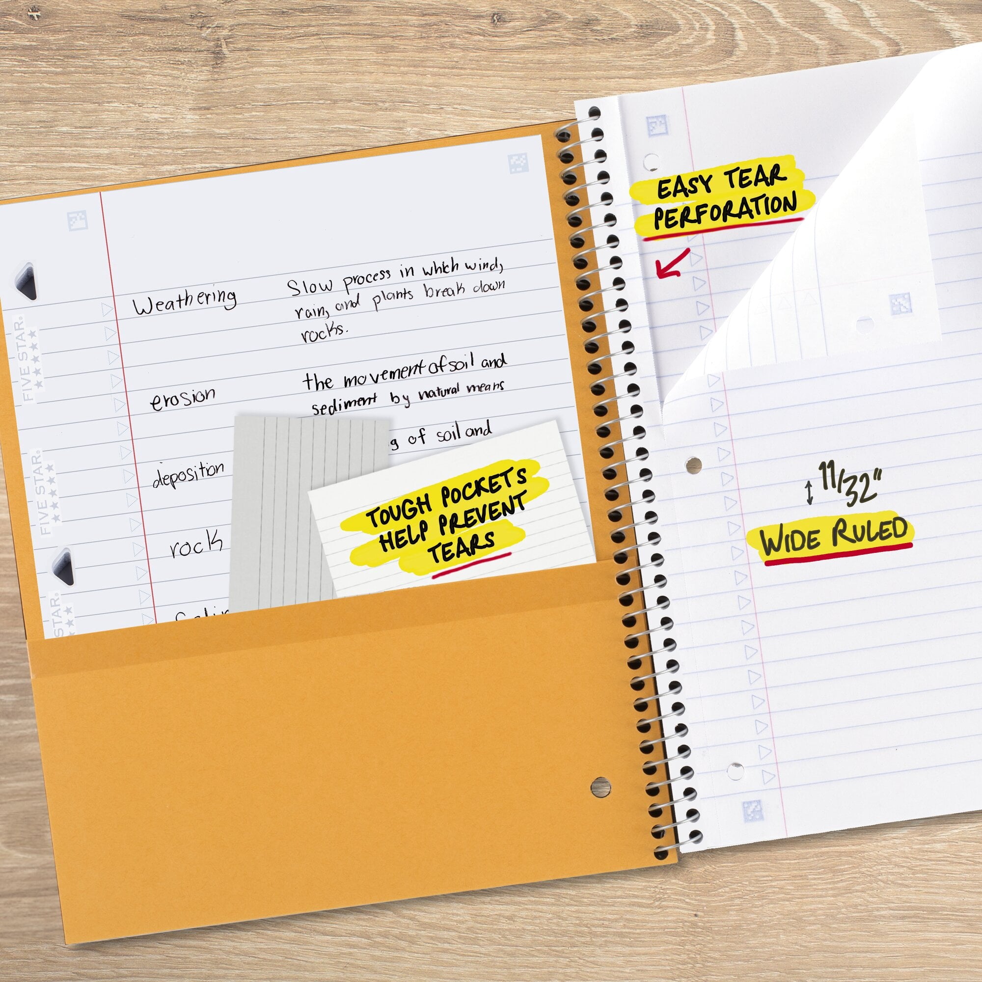 Five Star Spiral Notebook + Study App, 5 Subject, Wide Ruled, 8" x 10.5", Fire Red