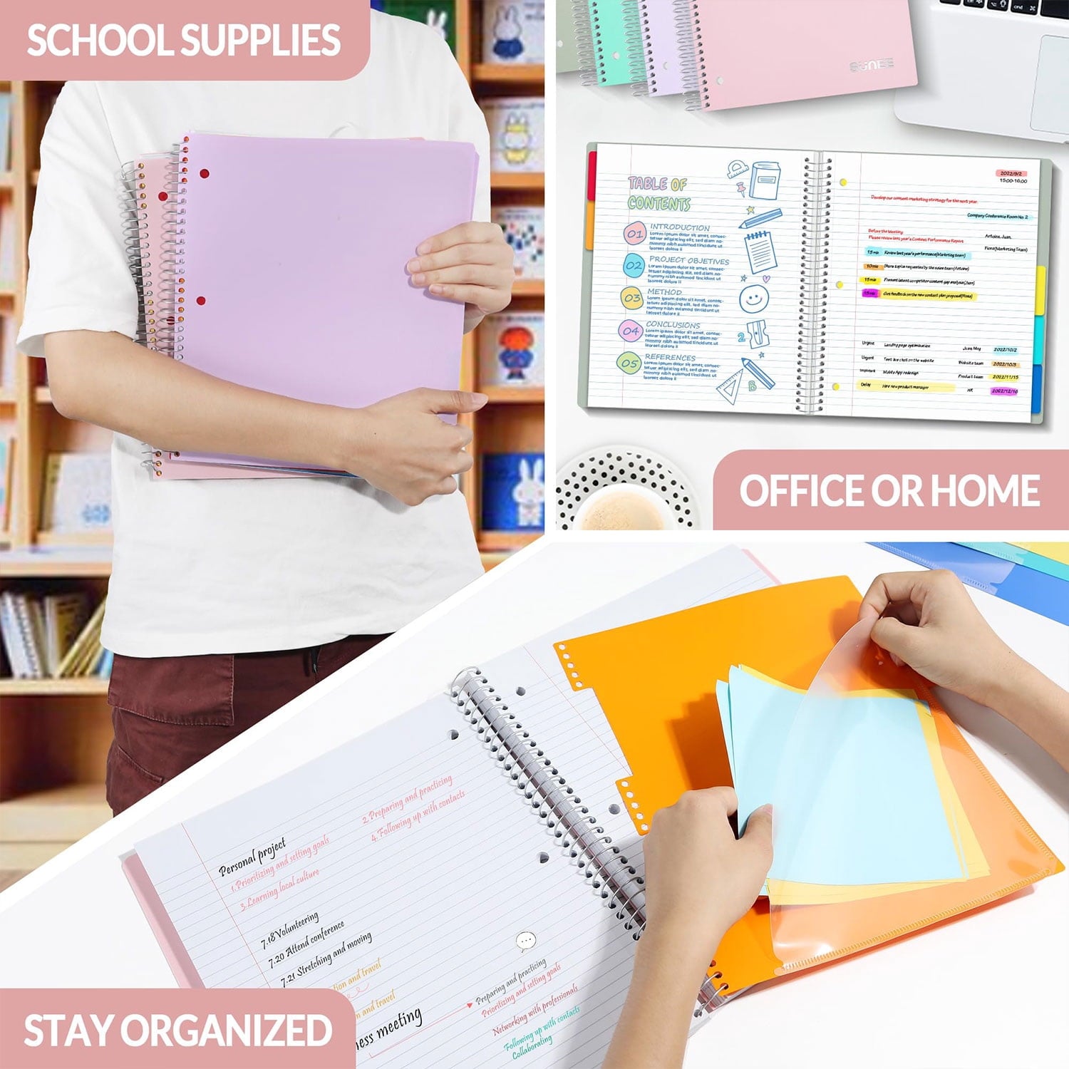 5 Subject Notebook College Ruled Spiral Notebook Journal with Removable Dividers Tabs 300 Pages 8.5"x11" 5 Pocket Colored Dividers, 3-Hole Punched Paper for Work Women Pink