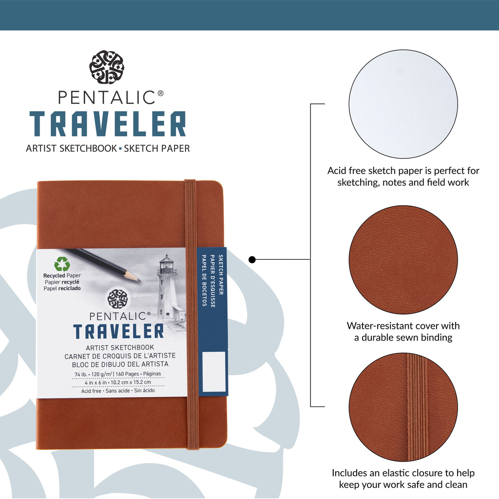 Pentalic 4x6 Brown Traveler Pocket Artist Drawing Journal, 160 Pages, 74 lb Paper