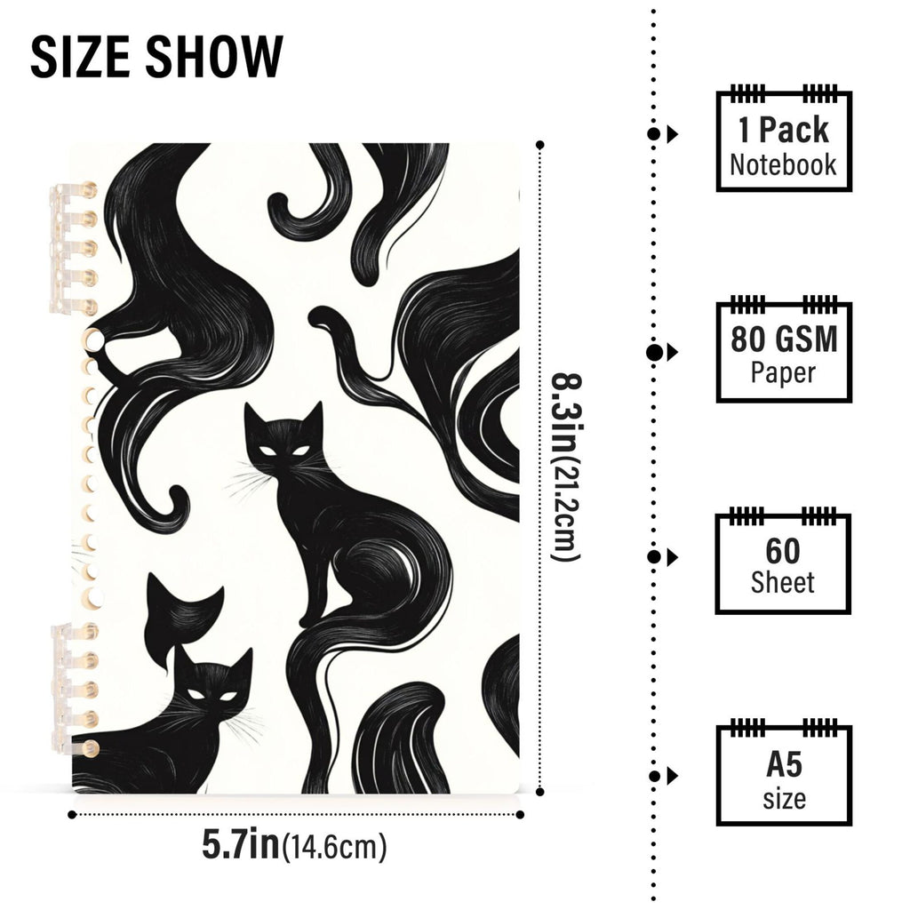 Ckdifva Black Cats in White A5 Ring Binder Notebook Journey Note Diary College Ruled Study 60 Pages