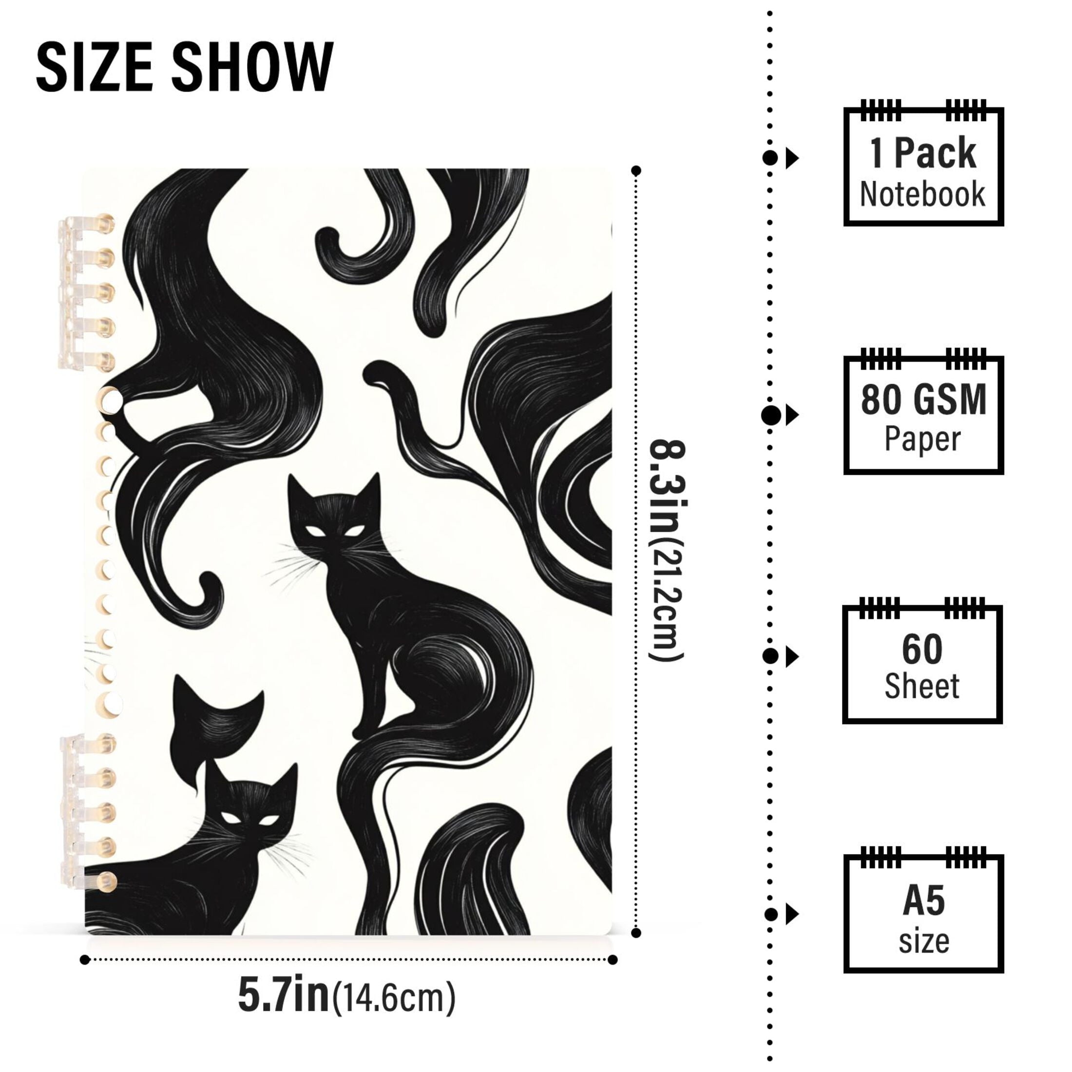 Ckdifva Black Cats in White A5 Ring Binder Notebook Journey Note Diary College Ruled Study 60 Pages