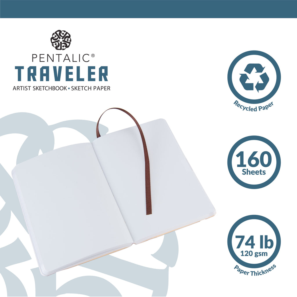 Pentalic 4x6 Brown Traveler Pocket Artist Drawing Journal, 160 Pages, 74 lb Paper