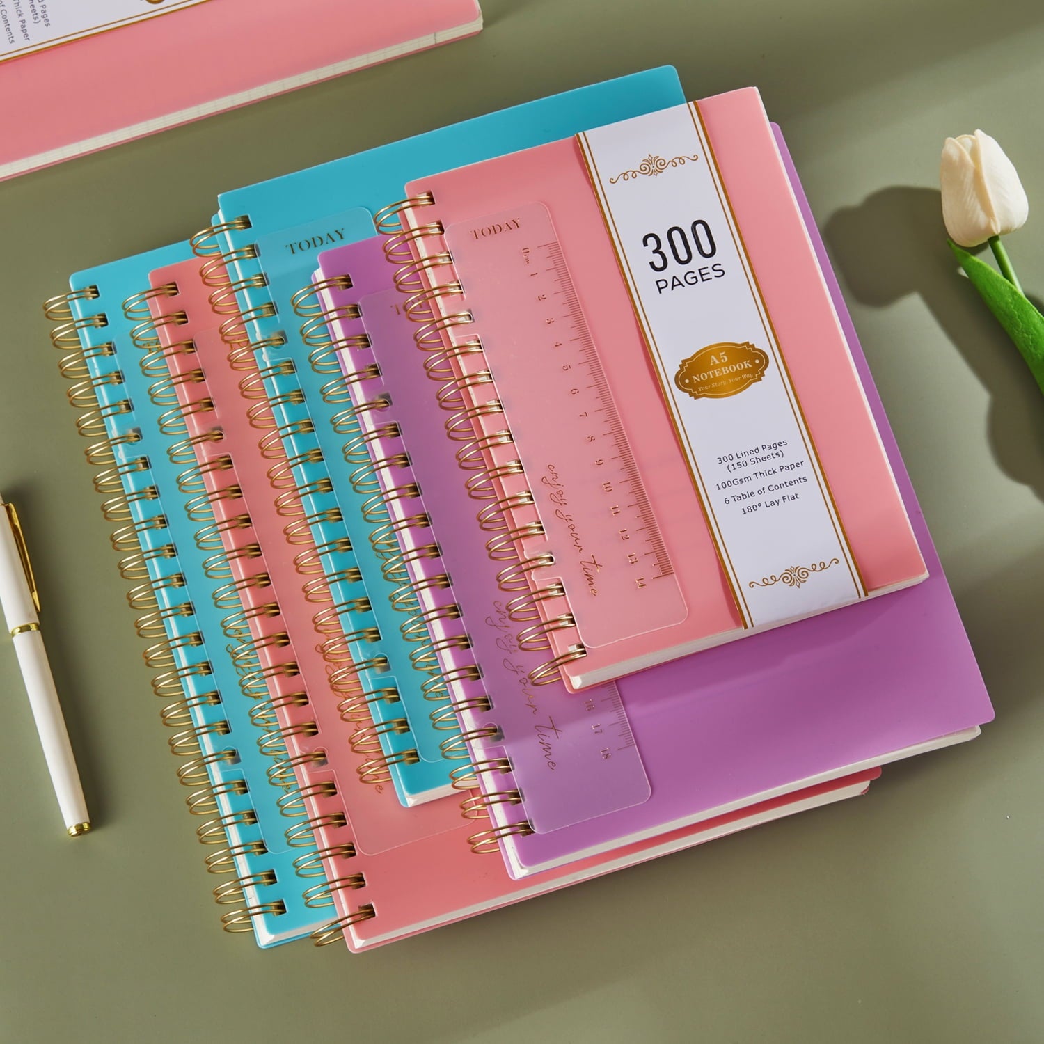NIRMIRO A5 Spiral Notebook for Writing, 5.7”x8.4” Waterproof PVC Cover Notepad with Bookmark Ruler, 300 Pages of 100gsm No-Bleed College Ruled Paper for Office, Work & Note-Taking