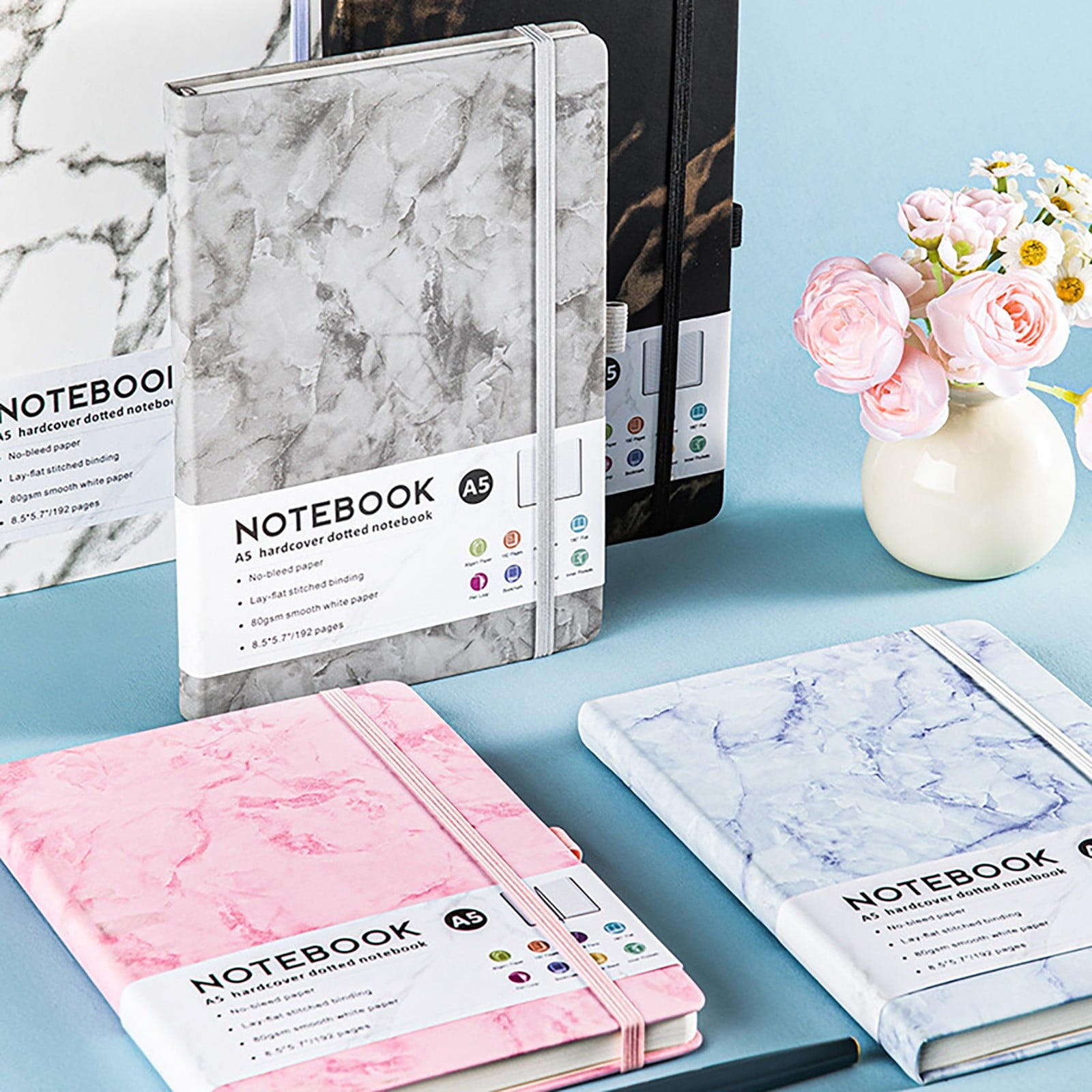 Marble-patterned elastic band notebook|Lined Journal Notebook For Women & Men 192 Pages College Ruled Notebook For Writing Note Taking Work 100 GSM Thick Paper Hardcover Journal Medium （Blue）