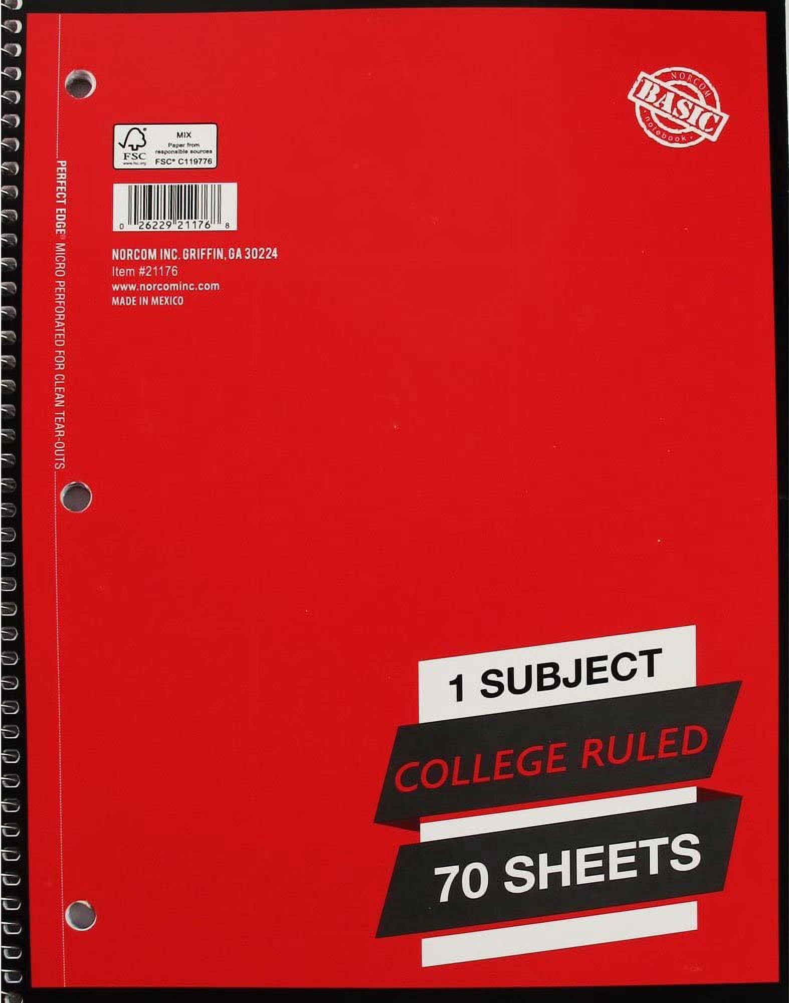 1 Subject College Ruled Spiral Notebook Solid Colors Perforated Edge 70 Sheet Pack of 5